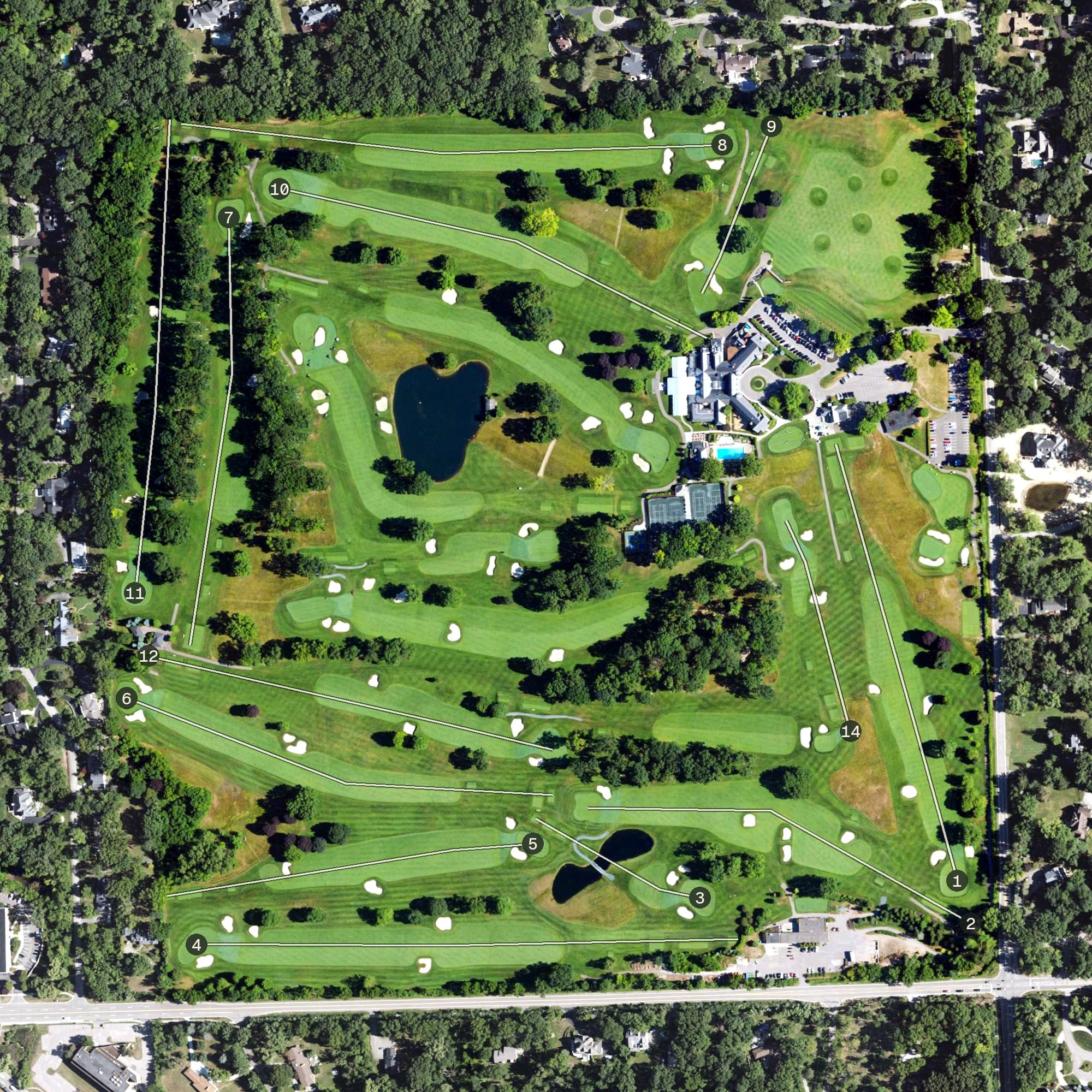 Aerial view of Franklin Hills Country Club, MI, with its hole routing marked
