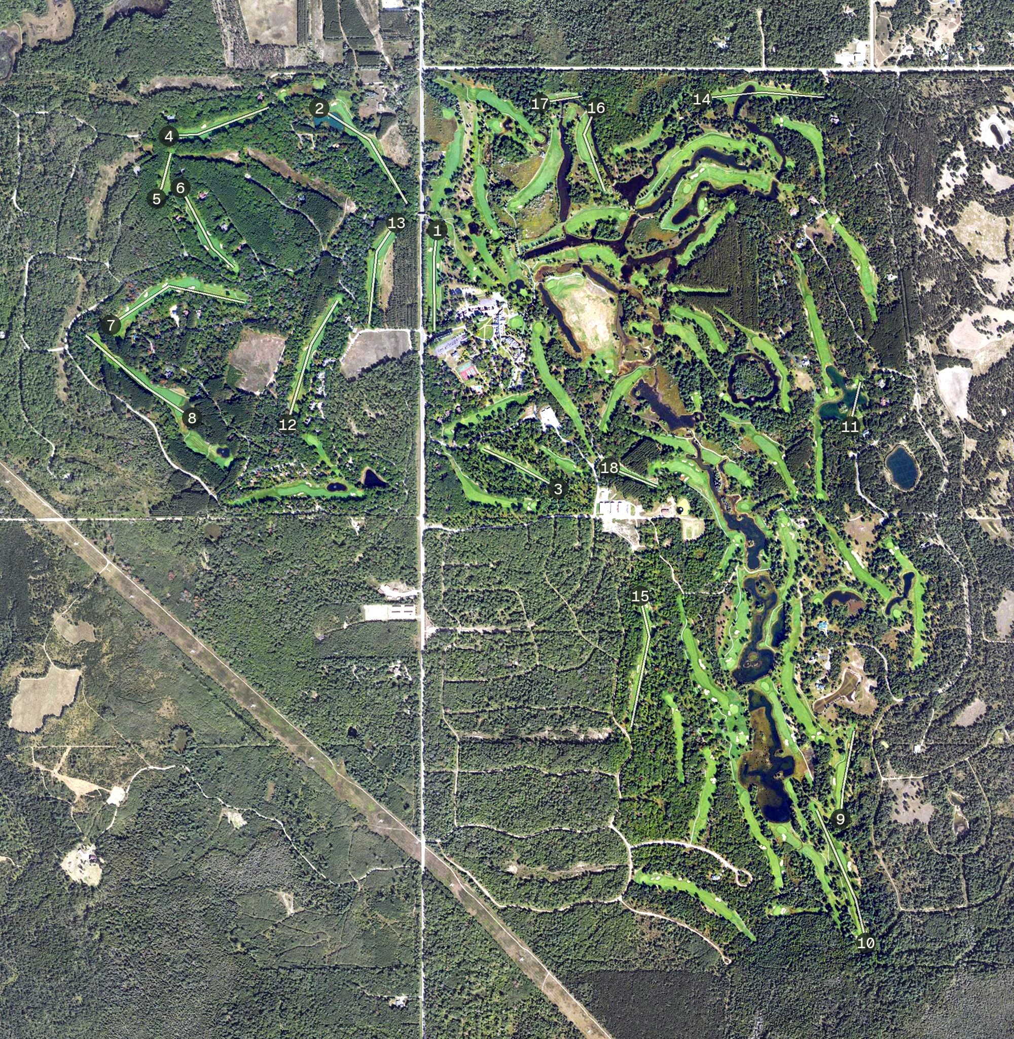 Aerial view of Garland Lodge & Resort, MI, with its hole routing marked