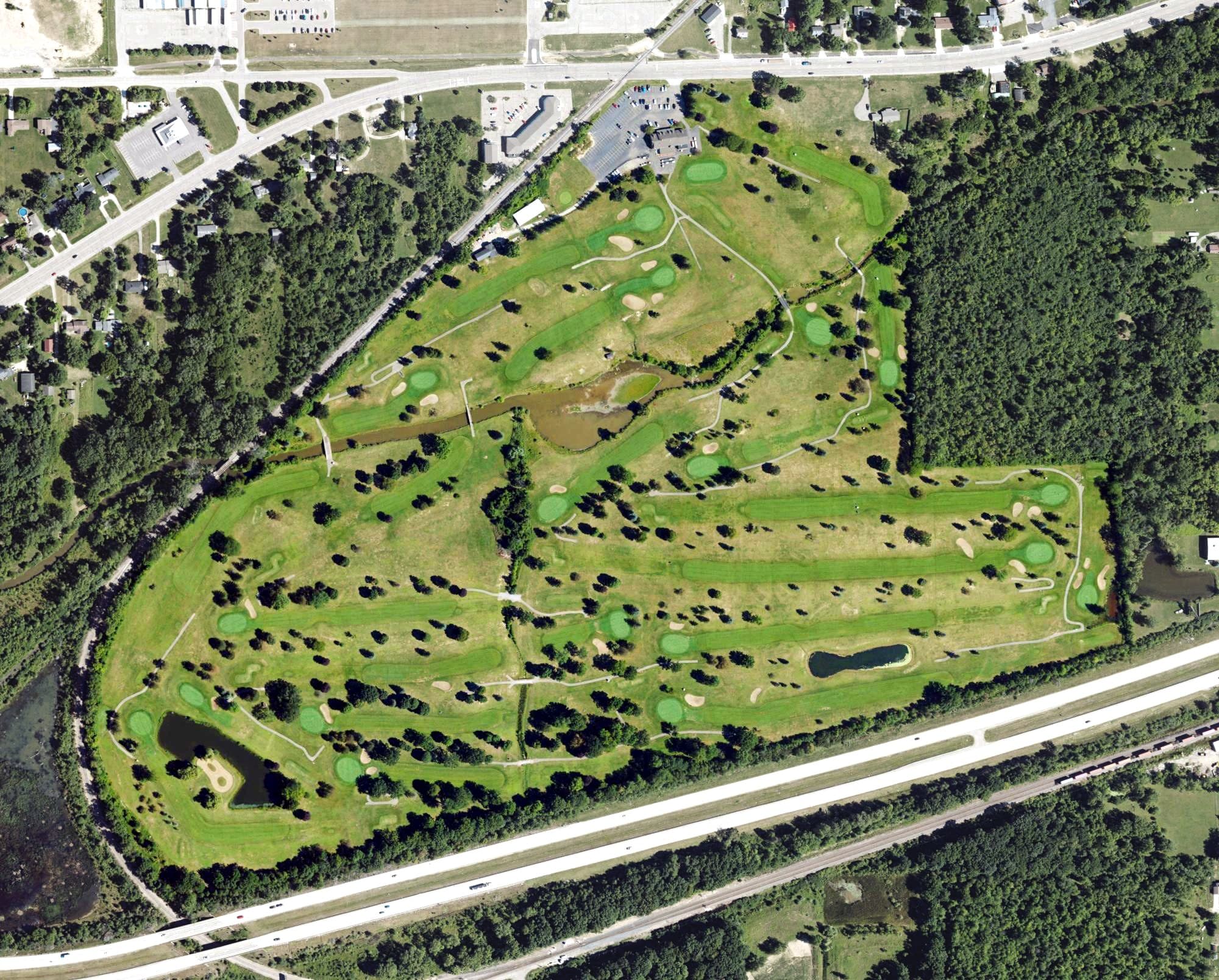 Aerial view of Genesee Valley Meadows Golf Course, MI, with its hole routing marked
