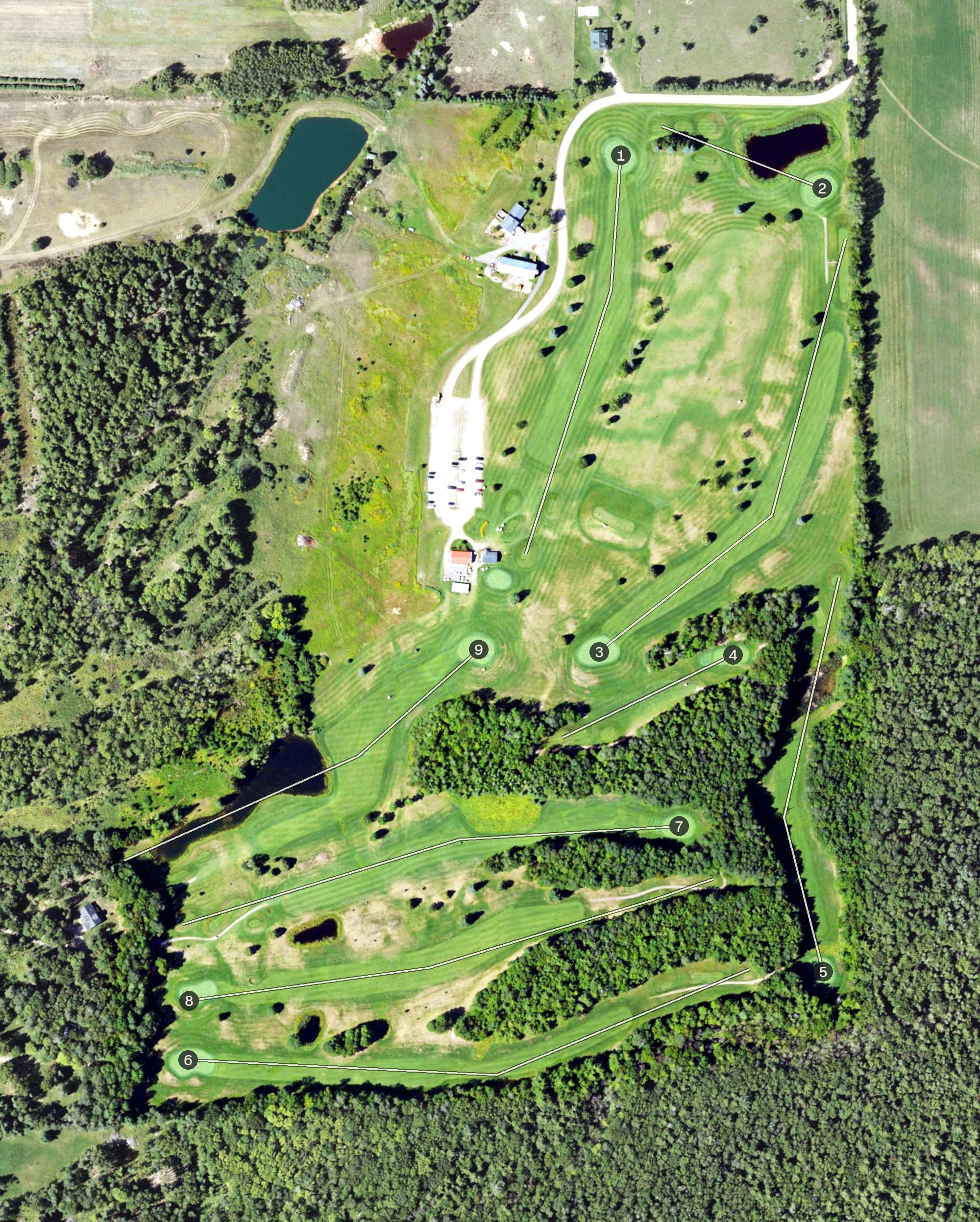 Aerial view of Gentz's Homestead Golf Course, MI, with its hole routing marked