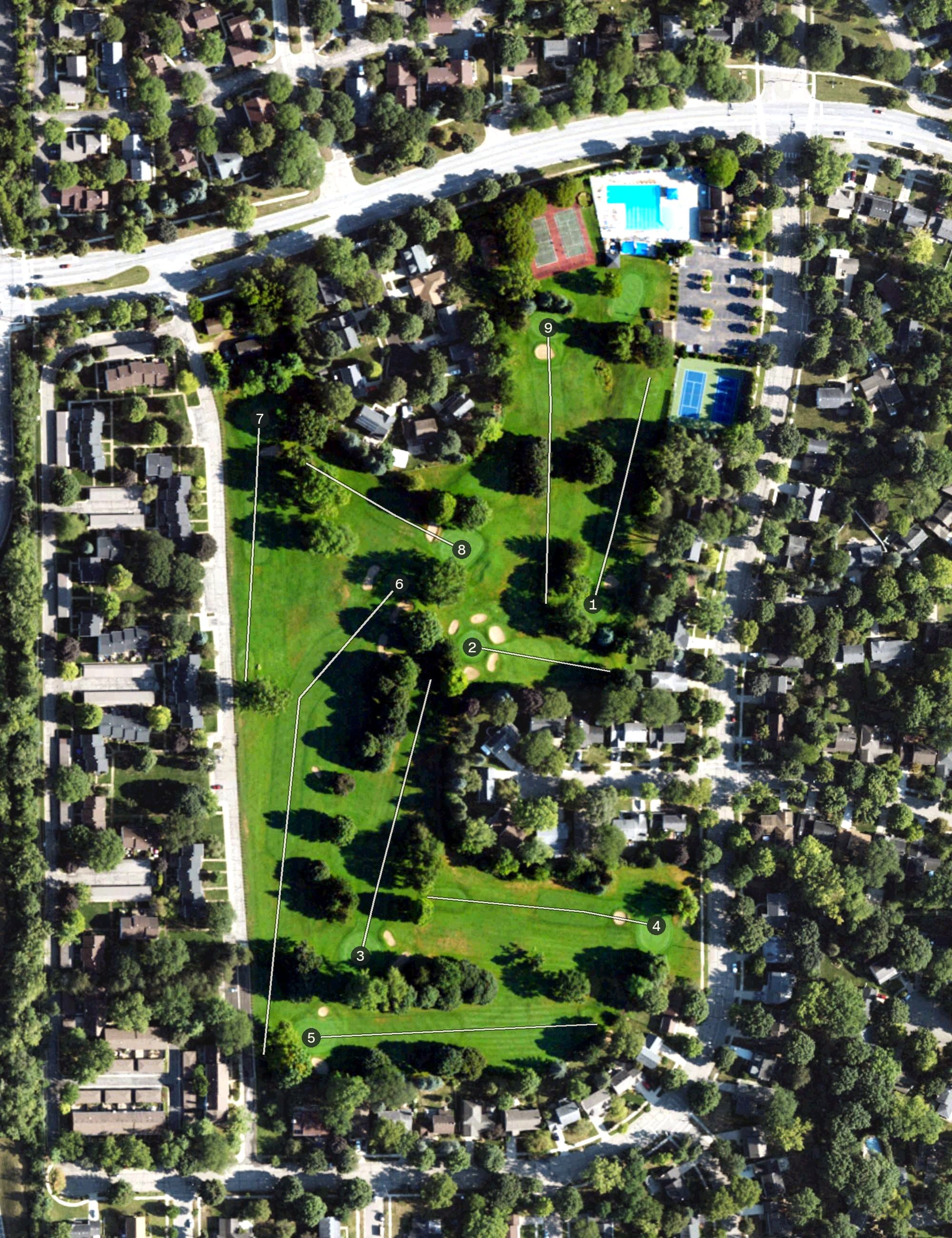 Aerial view of Georgetown Country Club, MI, with its hole routing marked