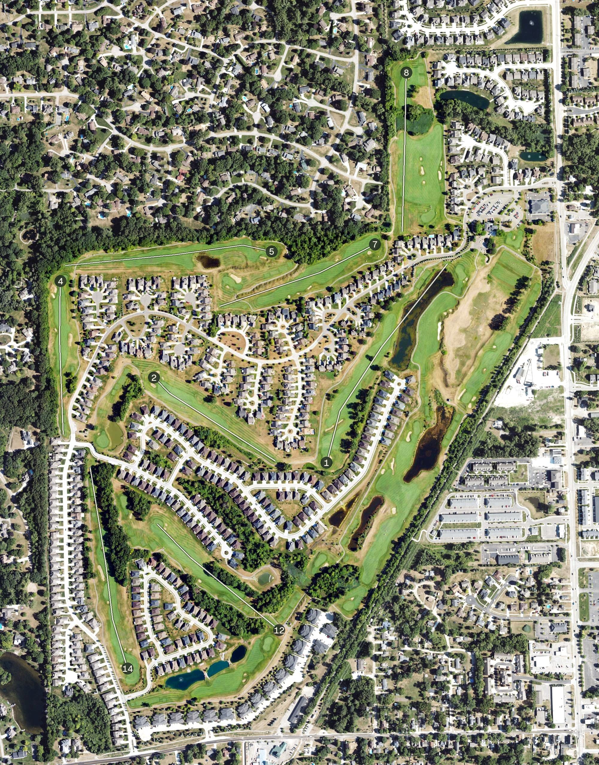 Aerial view of Glacier Club Golf Course, MI, with its hole routing marked