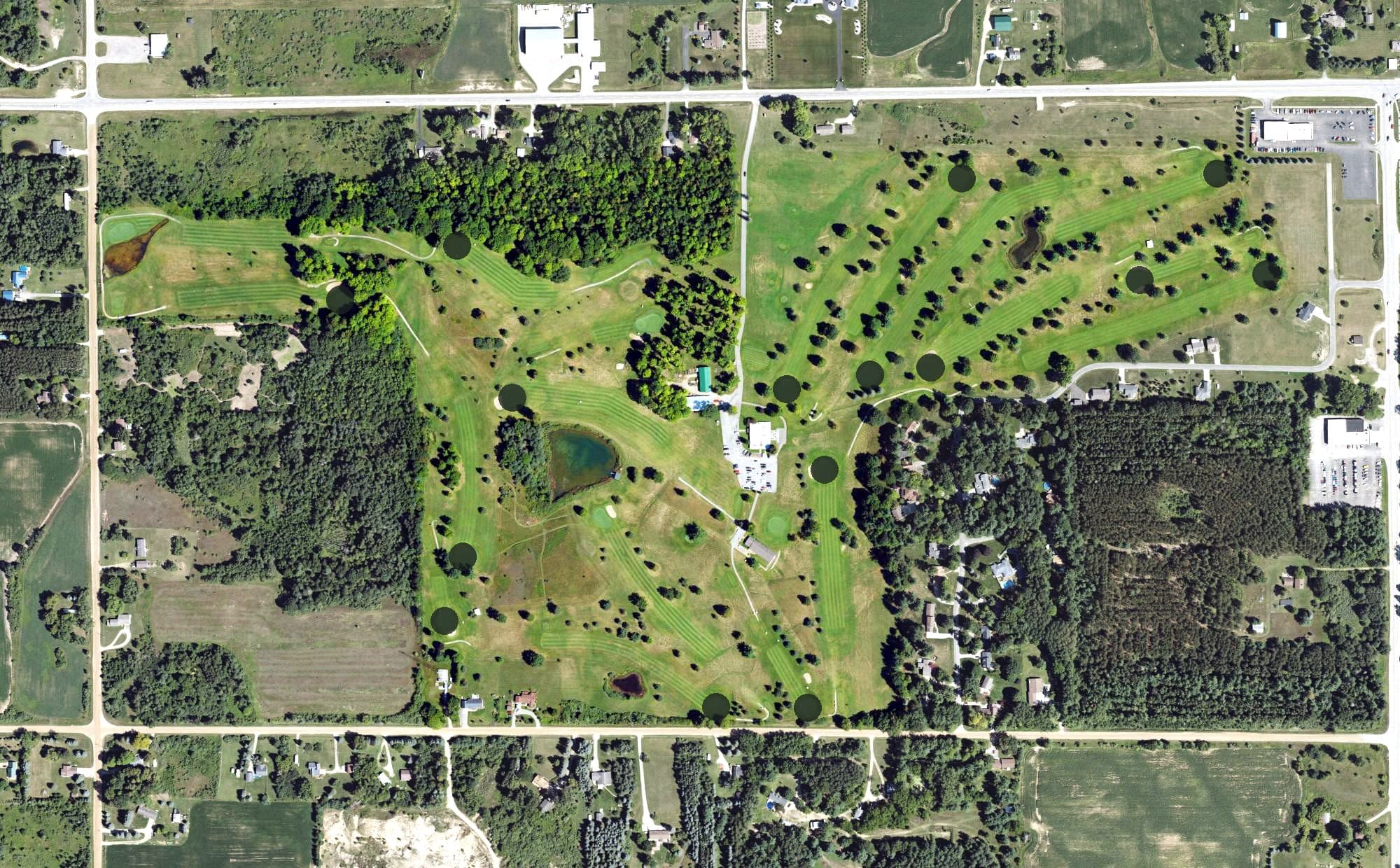 Aerial view of Gladwin Heights Golf Course, MI, with its hole routing marked