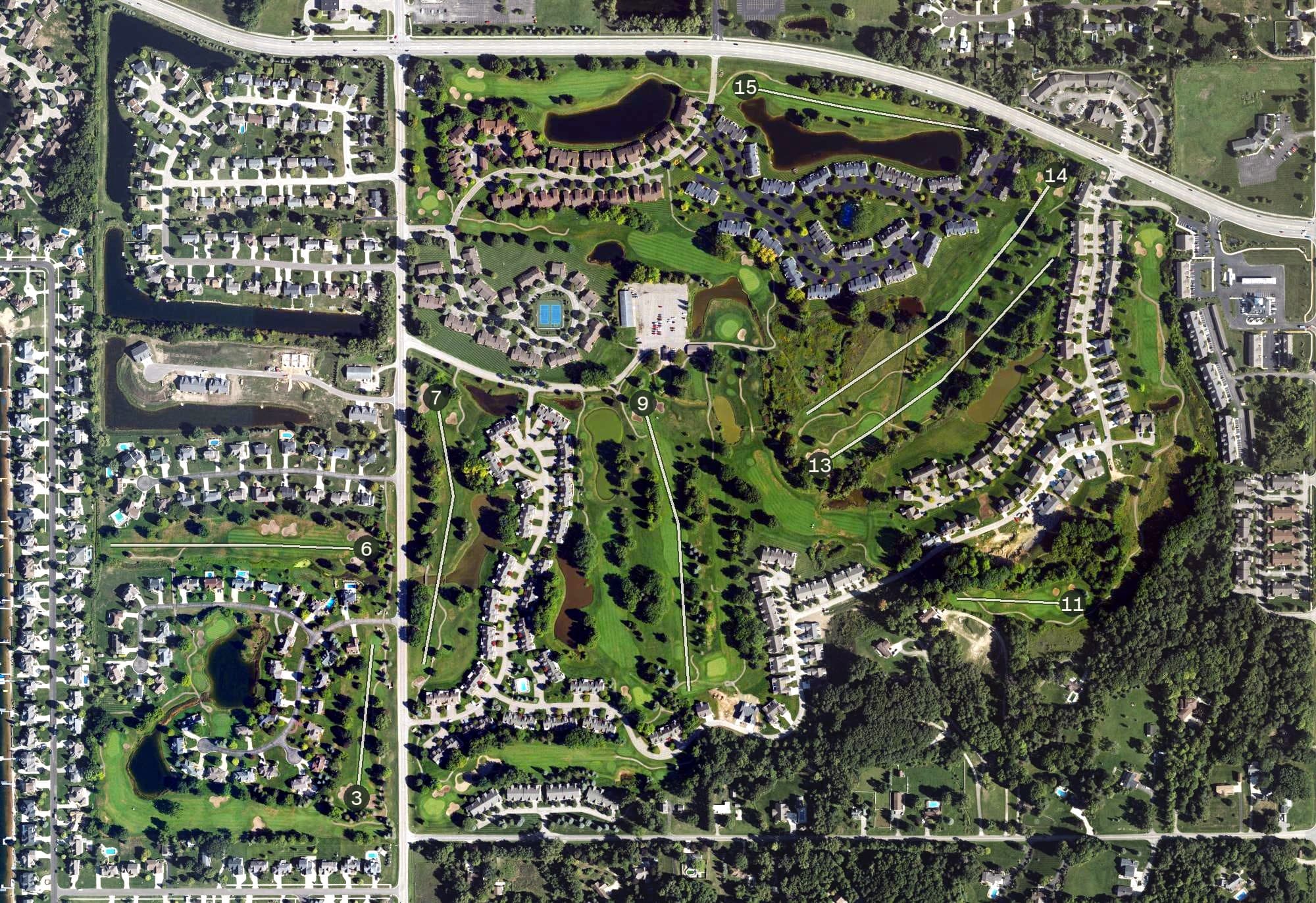 Aerial view of Glen Eagle Golf Club, MI, with its hole routing marked
