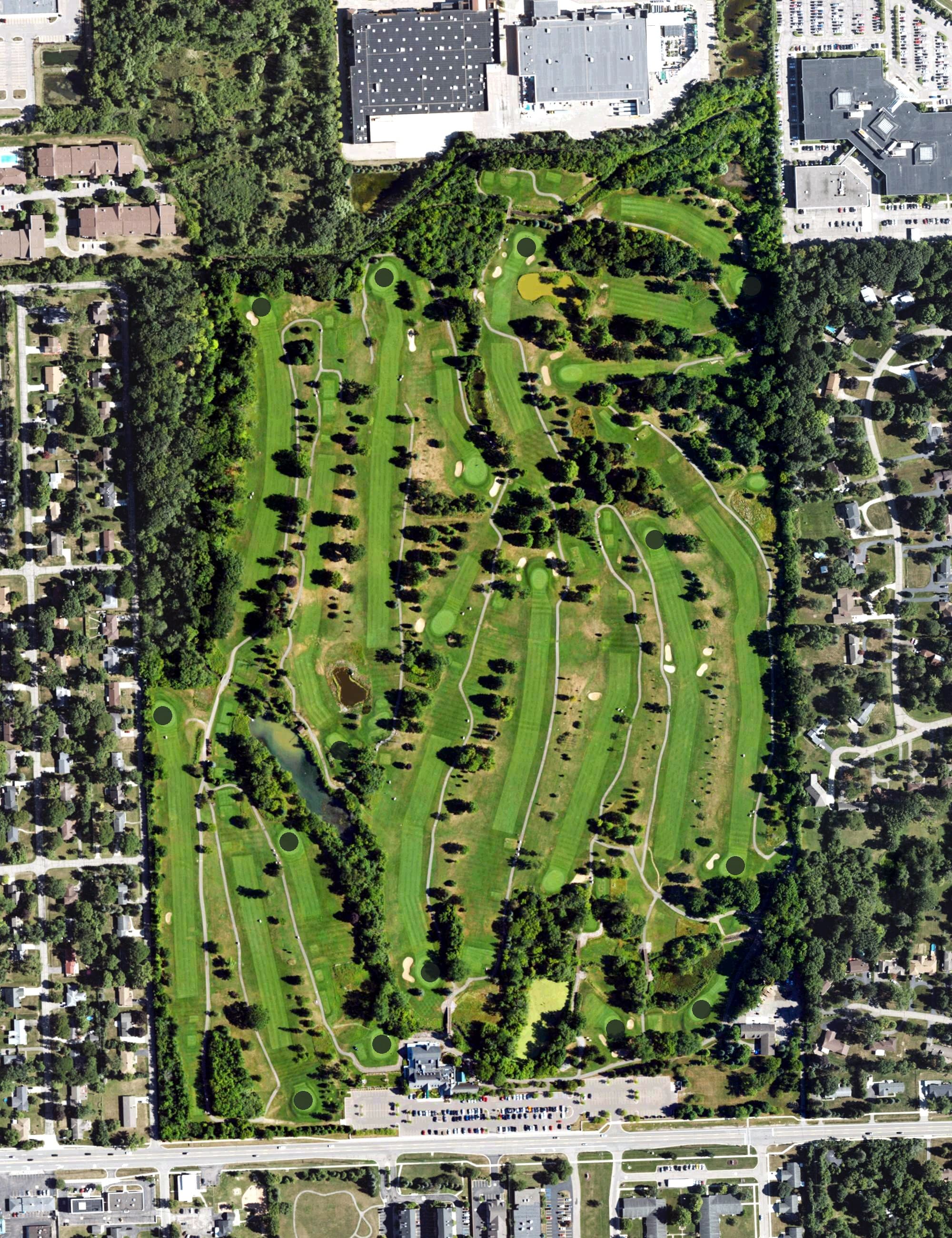 Aerial view of Glen Oaks Golf Course, MI, with its hole routing marked
