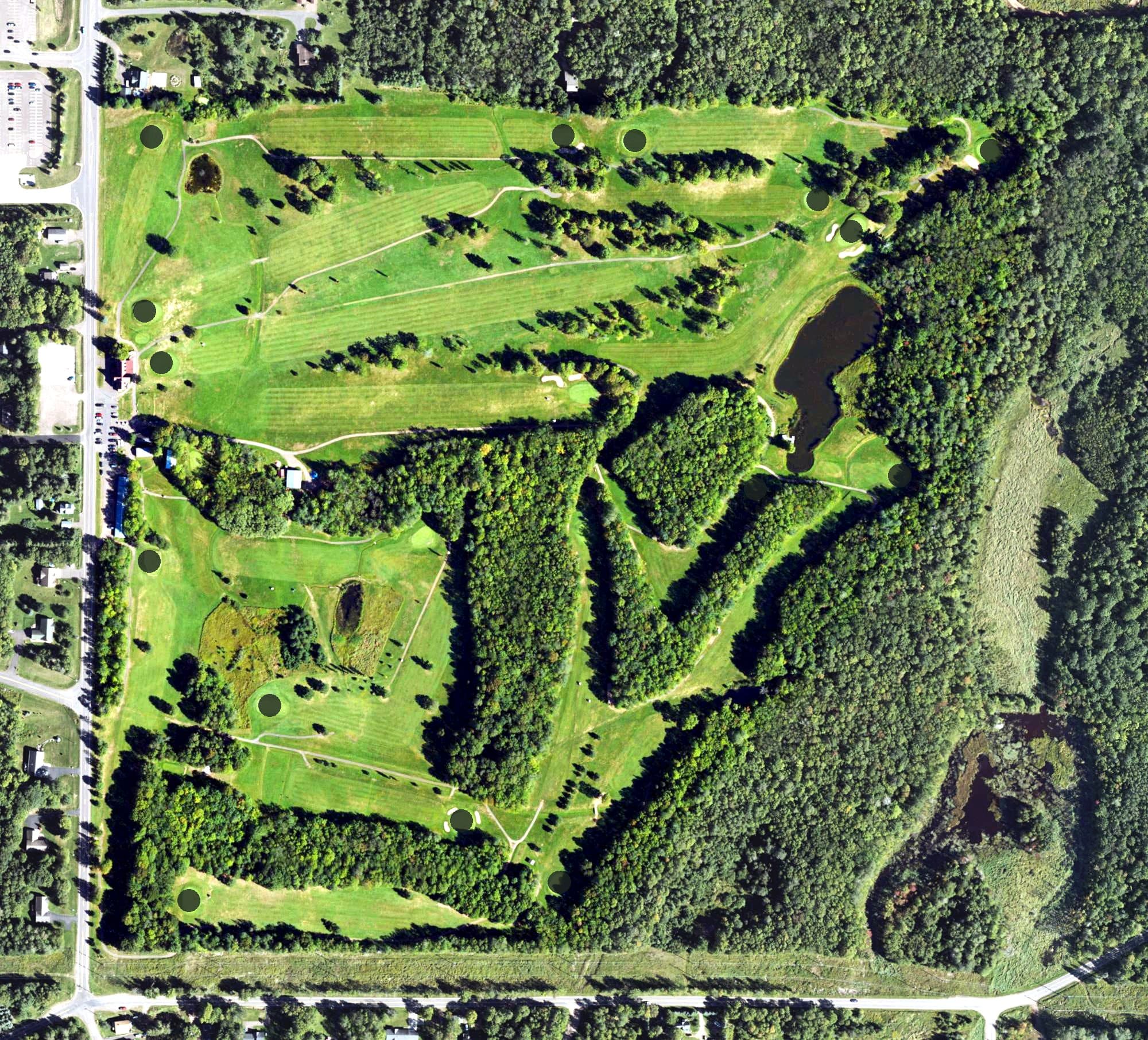 Aerial view of Gogebic Country Club, MI, with its hole routing marked