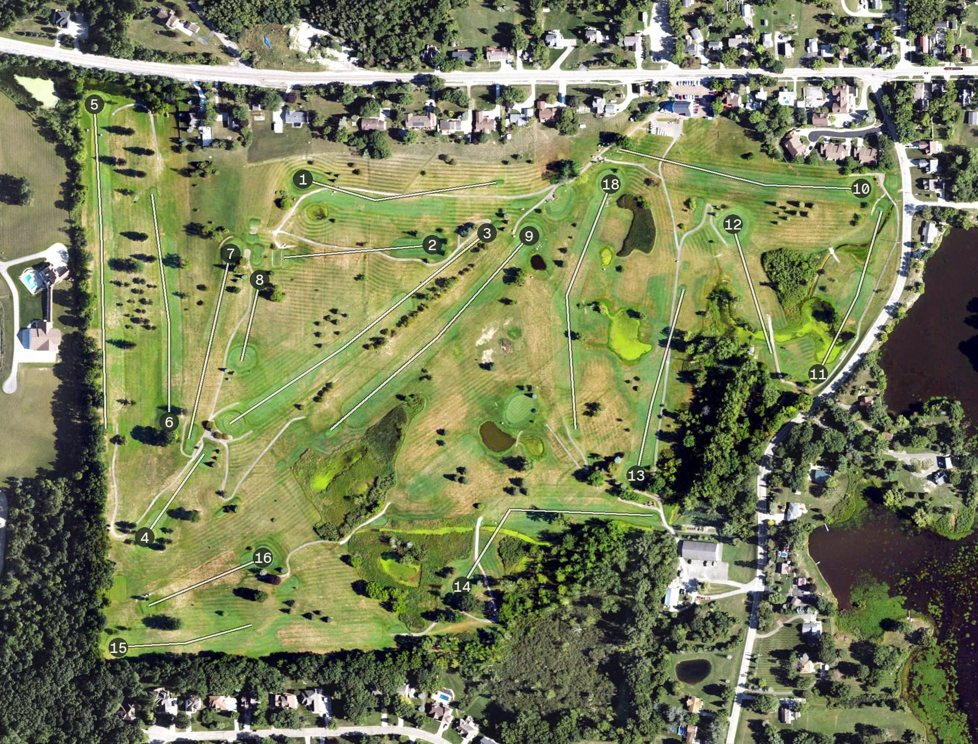 Aerial view of Goodrich Country Club, MI, with its hole routing marked
