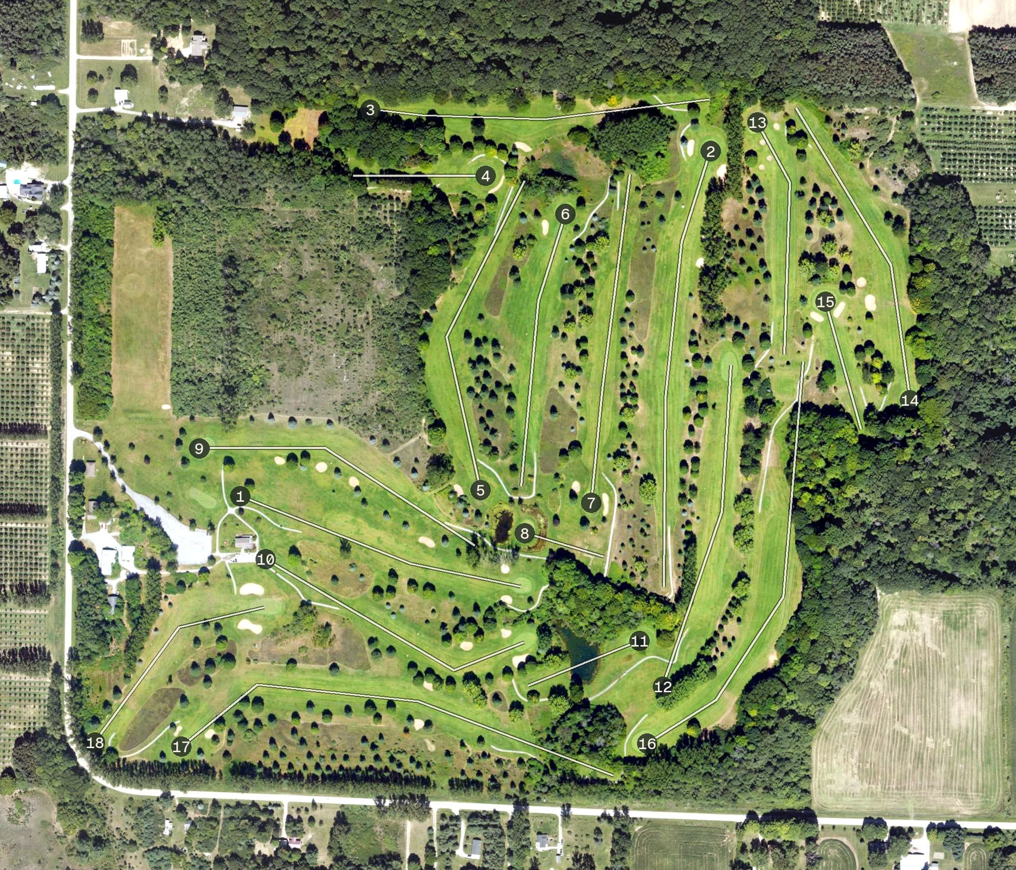 Aerial view of Grand View Golf Course, MI, with its hole routing marked