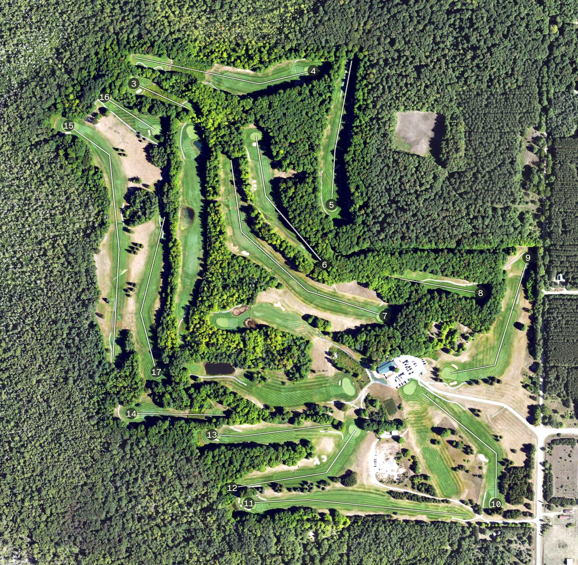 Aerial view of Grandview Golf Club, MI, with its hole routing marked