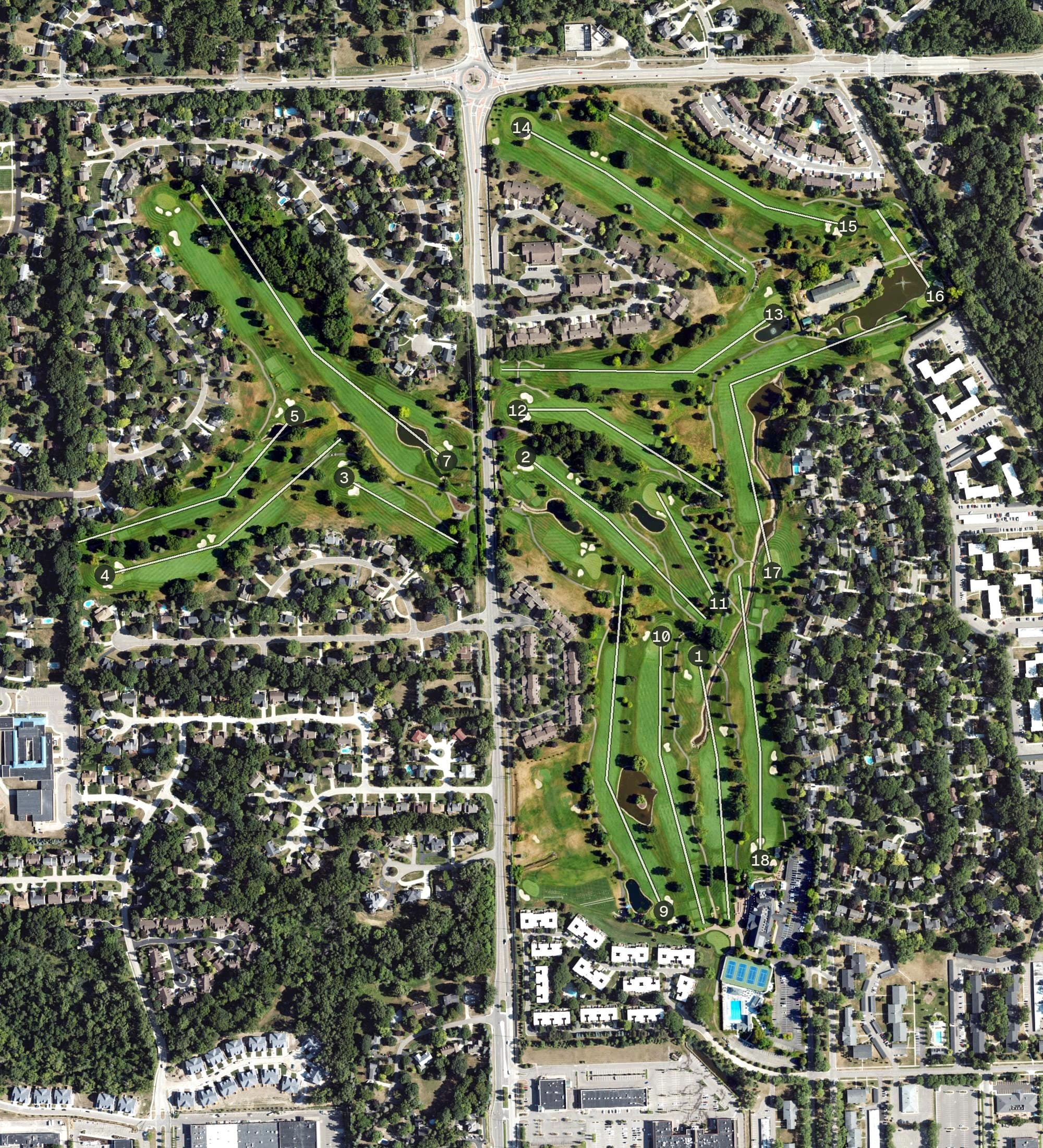 Aerial view of Great Oaks Country Club, MI, with its hole routing marked