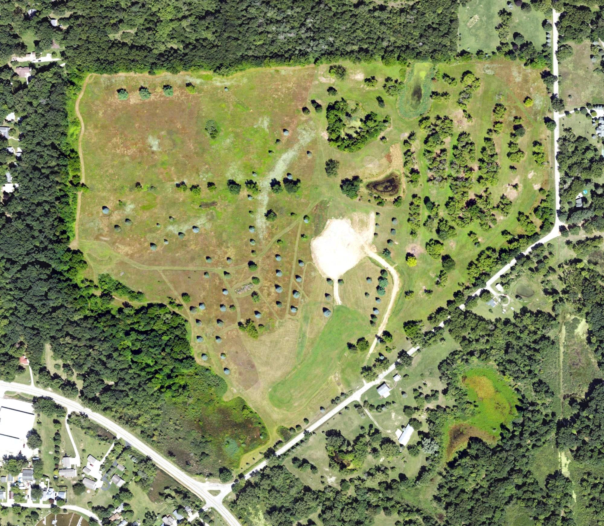Aerial view of Greenbriar Golf Course, MI, with its hole routing marked