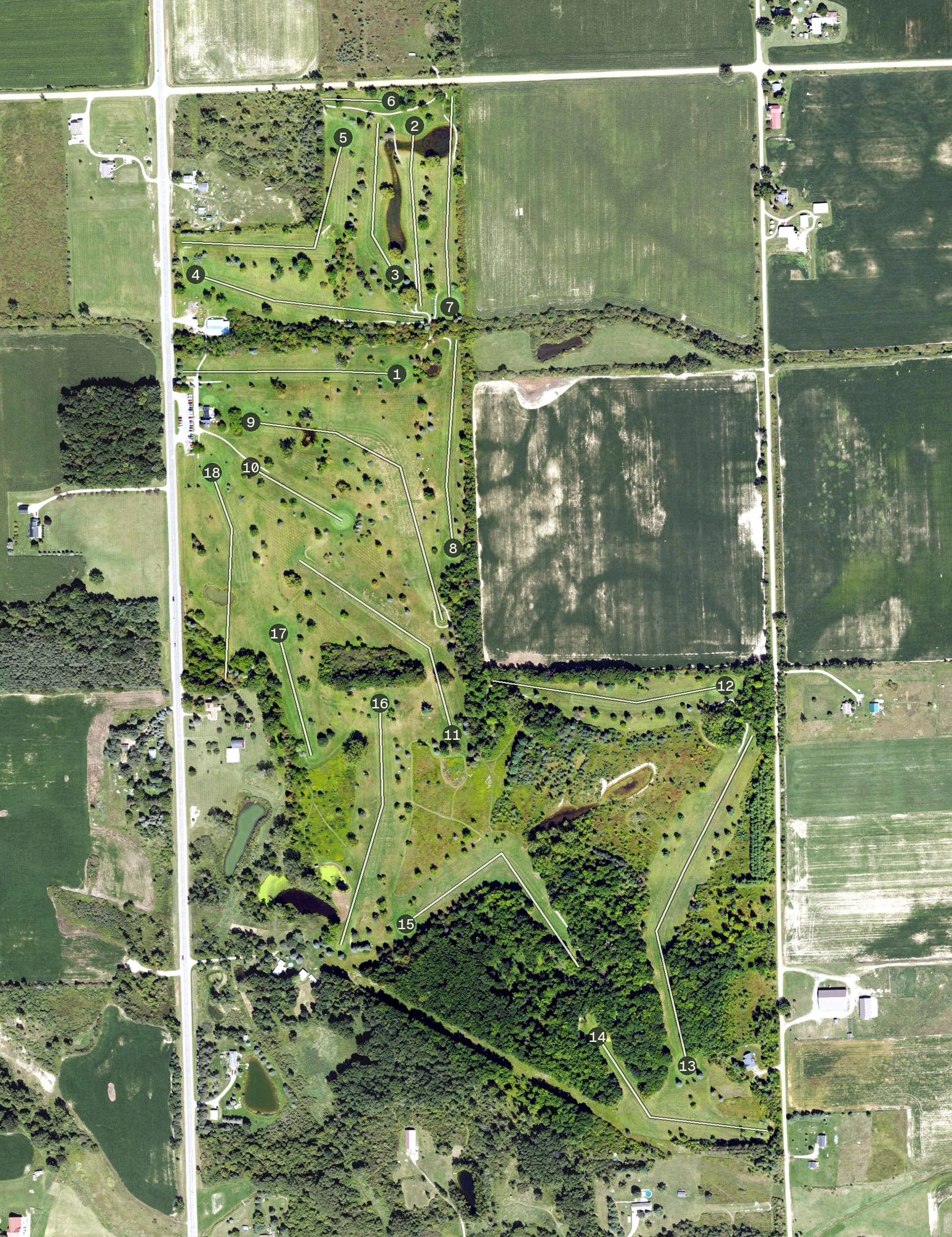 Aerial view of Greenbrier Golf Club, MI, with its hole routing marked