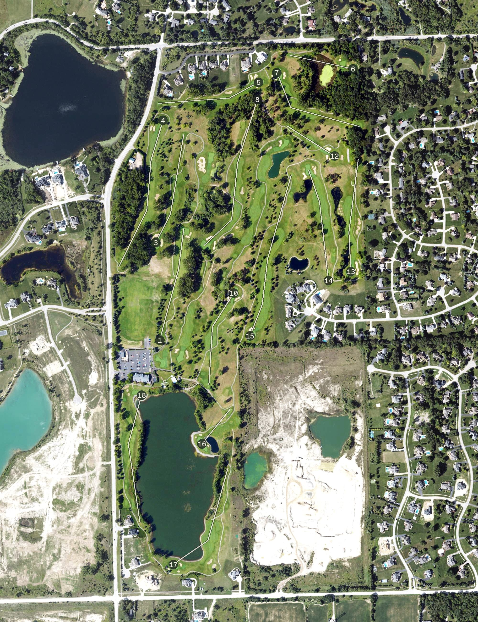 Aerial view of Greystone Golf Club, MI, with its hole routing marked