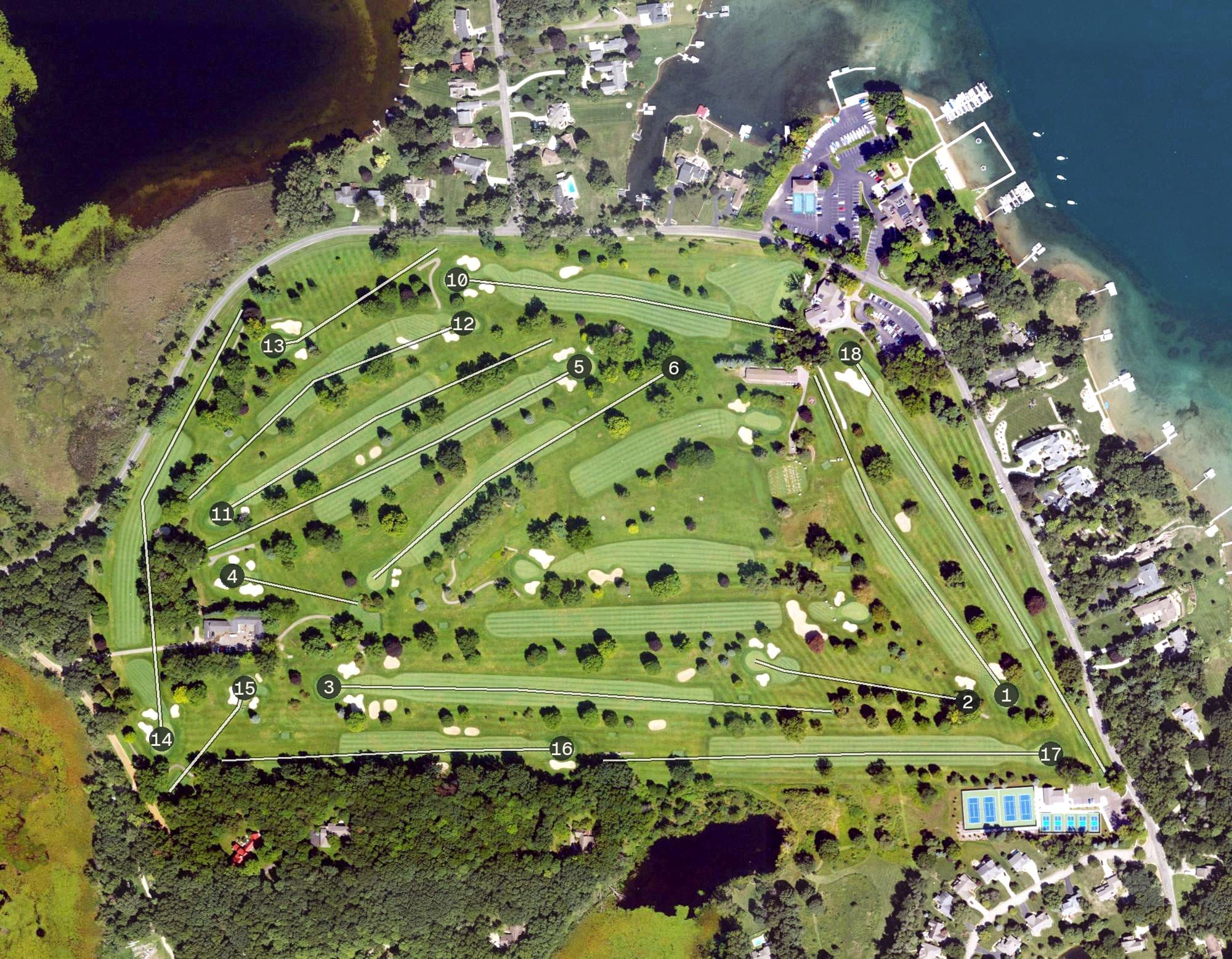 Aerial view of Gull Lake Country Club, MI, with its hole routing marked