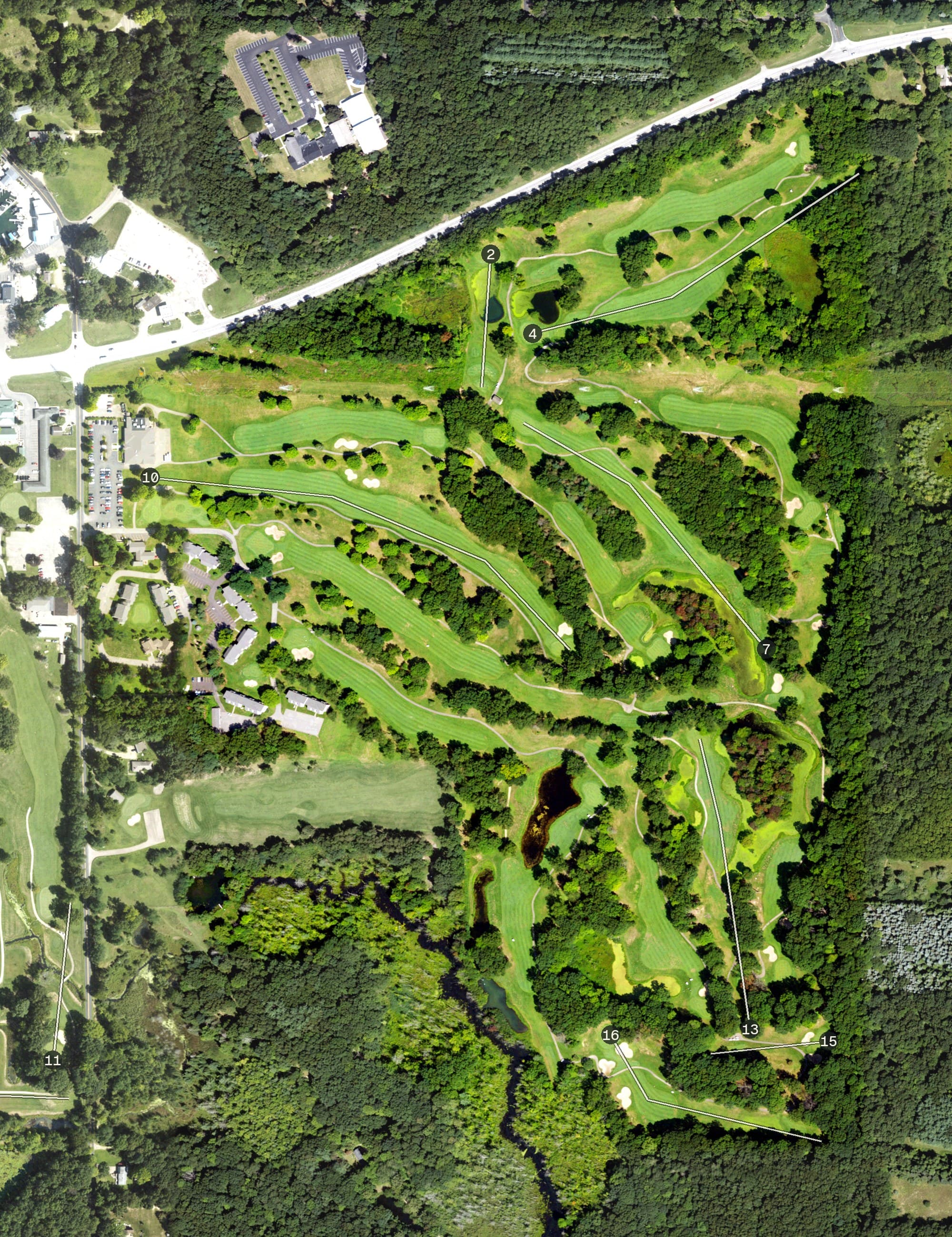 Aerial view of Gull Lake View East, MI, with its hole routing marked