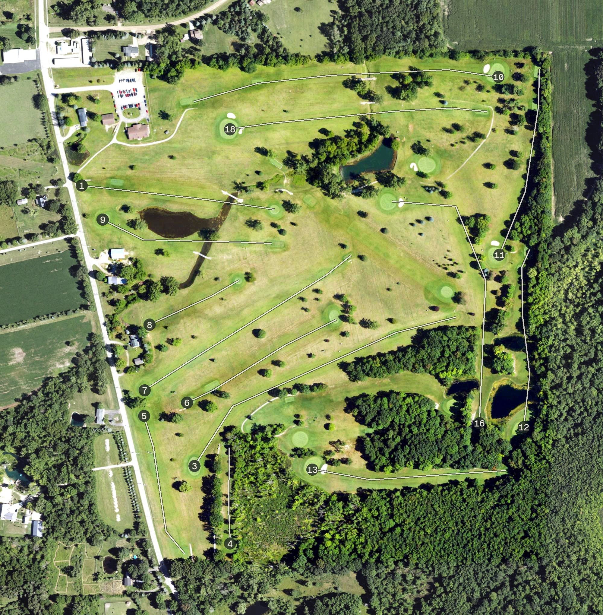 Aerial view of Hadley Acres Golf Club, MI, with its hole routing marked
