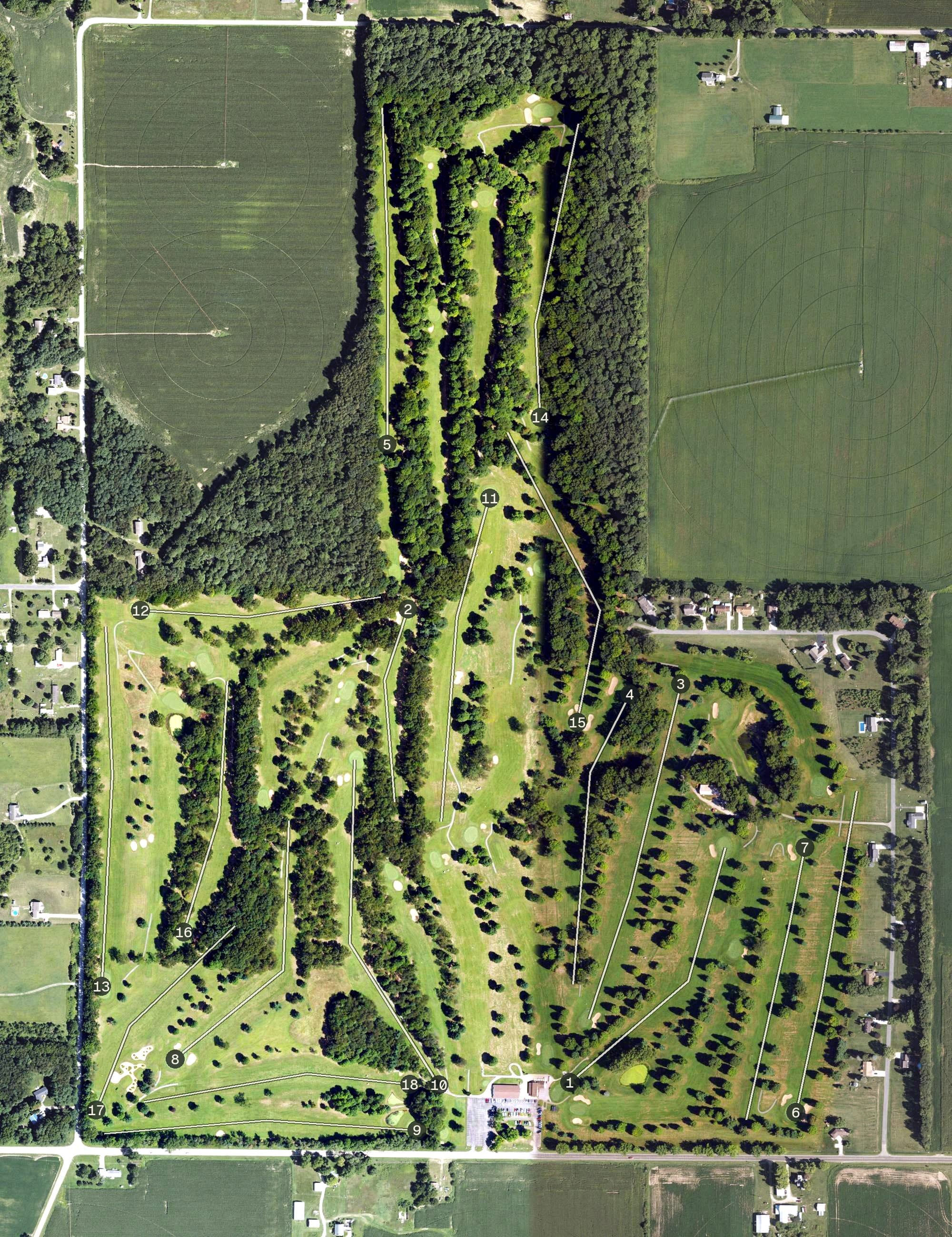 Aerial view of Hampshire Country Club, MI, with its hole routing marked
