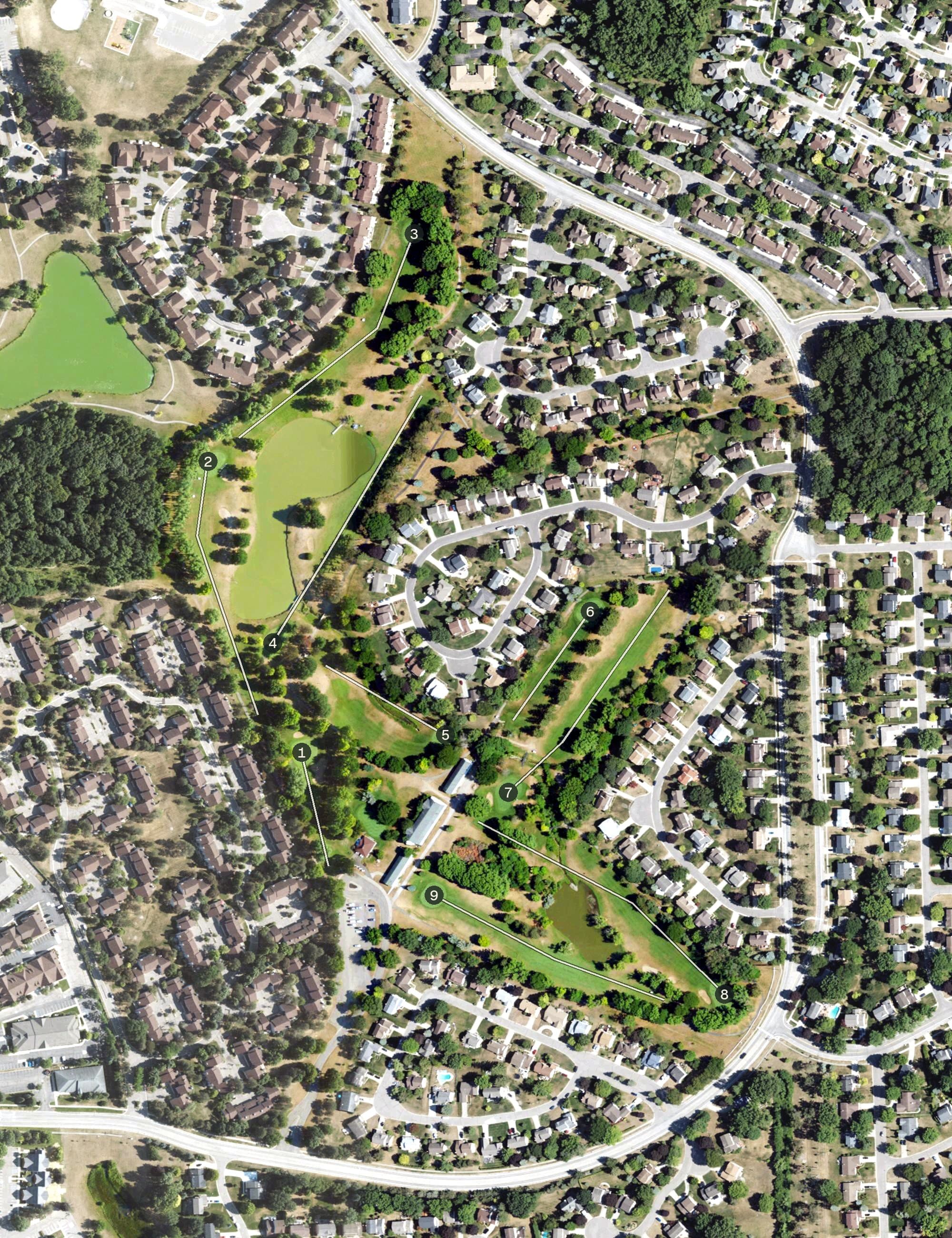 Aerial view of Hampton Golf and Country Club, MI, with its hole routing marked