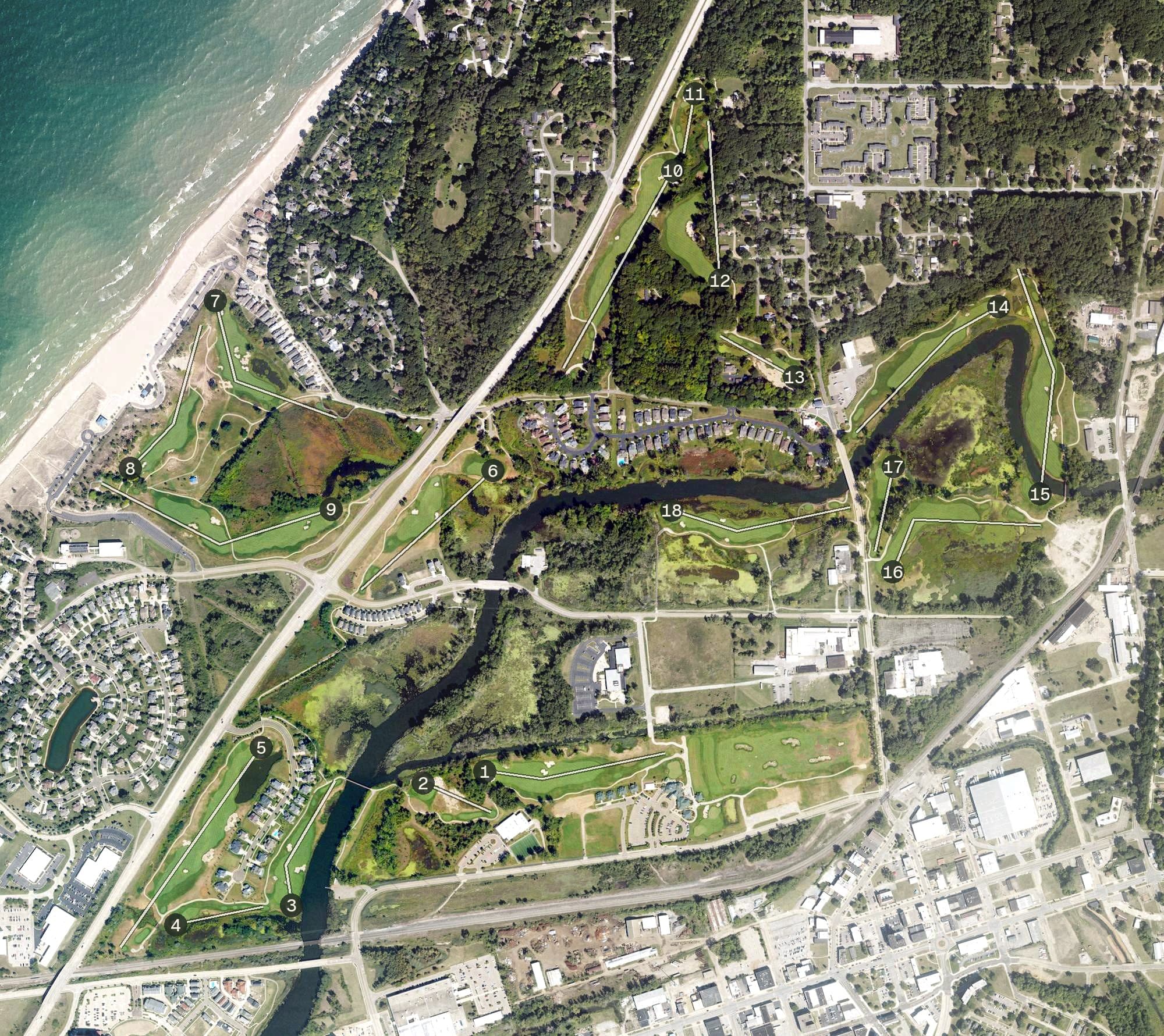 Aerial view of Harbor Shores, MI, with its hole routing marked