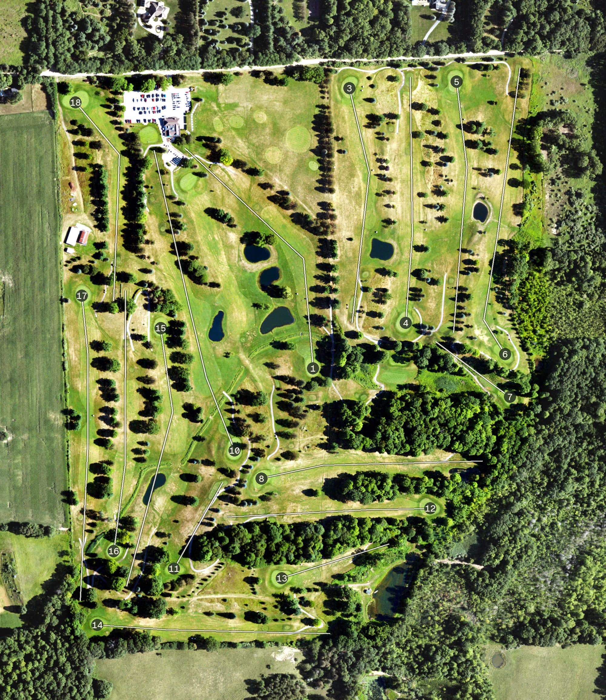 Aerial view of Heather Hills Golf Course, MI, with its hole routing marked