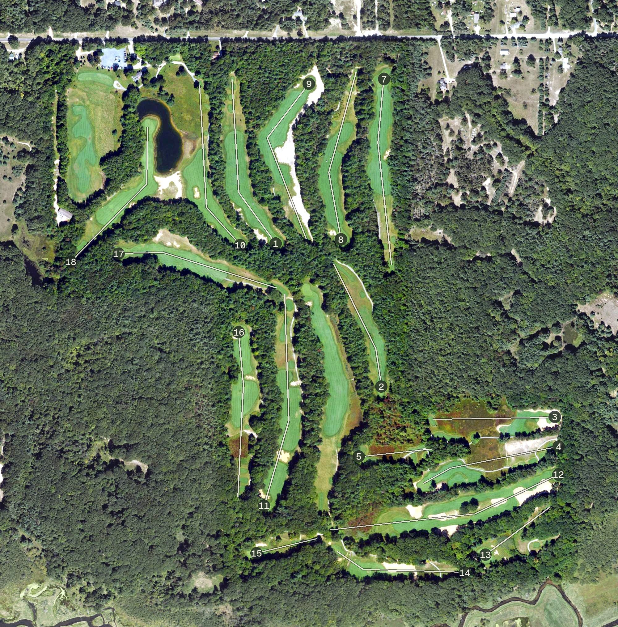 Aerial view of Hemlock Golf Club, MI, with its hole routing marked