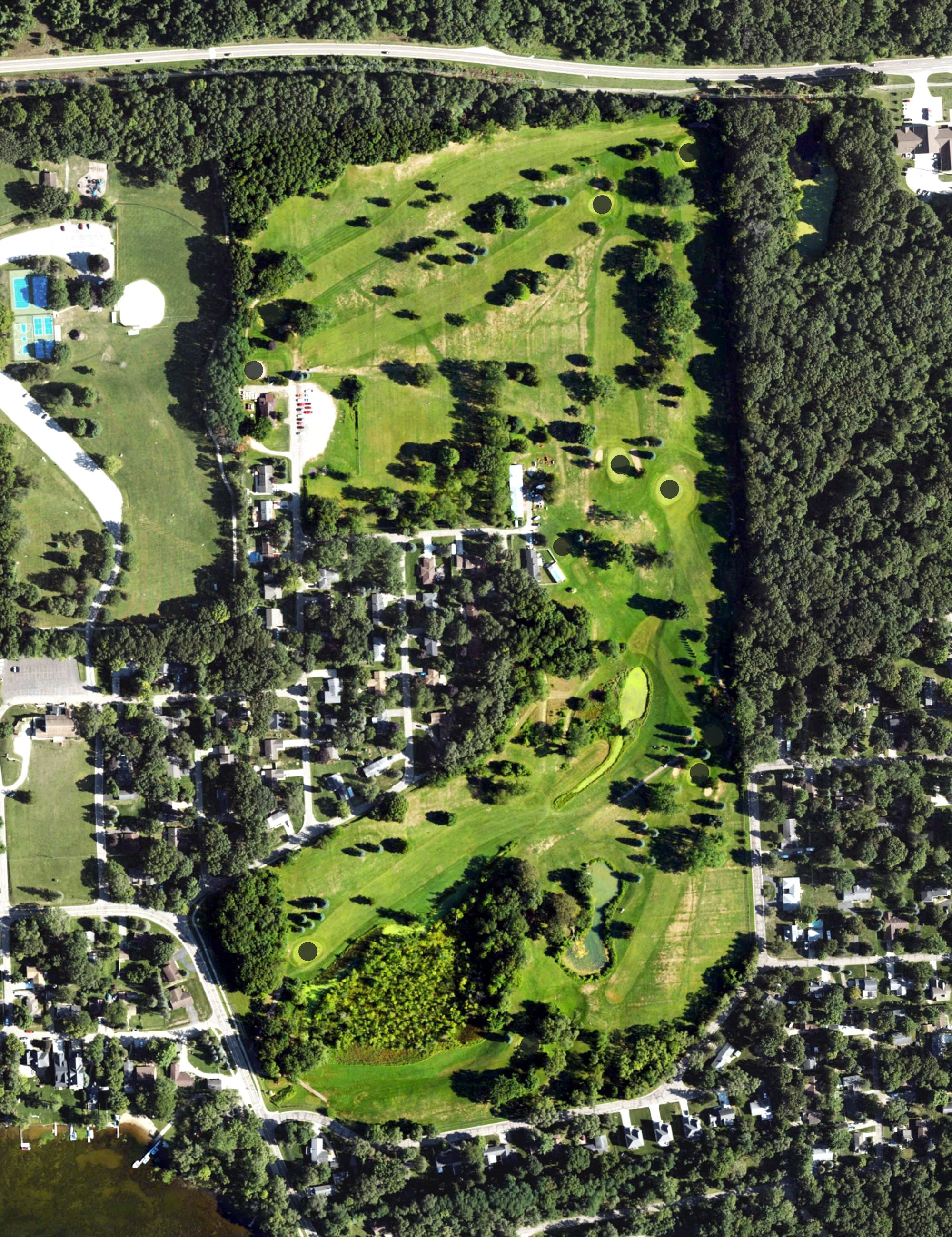 Aerial view of Hickory Hill Golf Course, MI, with its hole routing marked