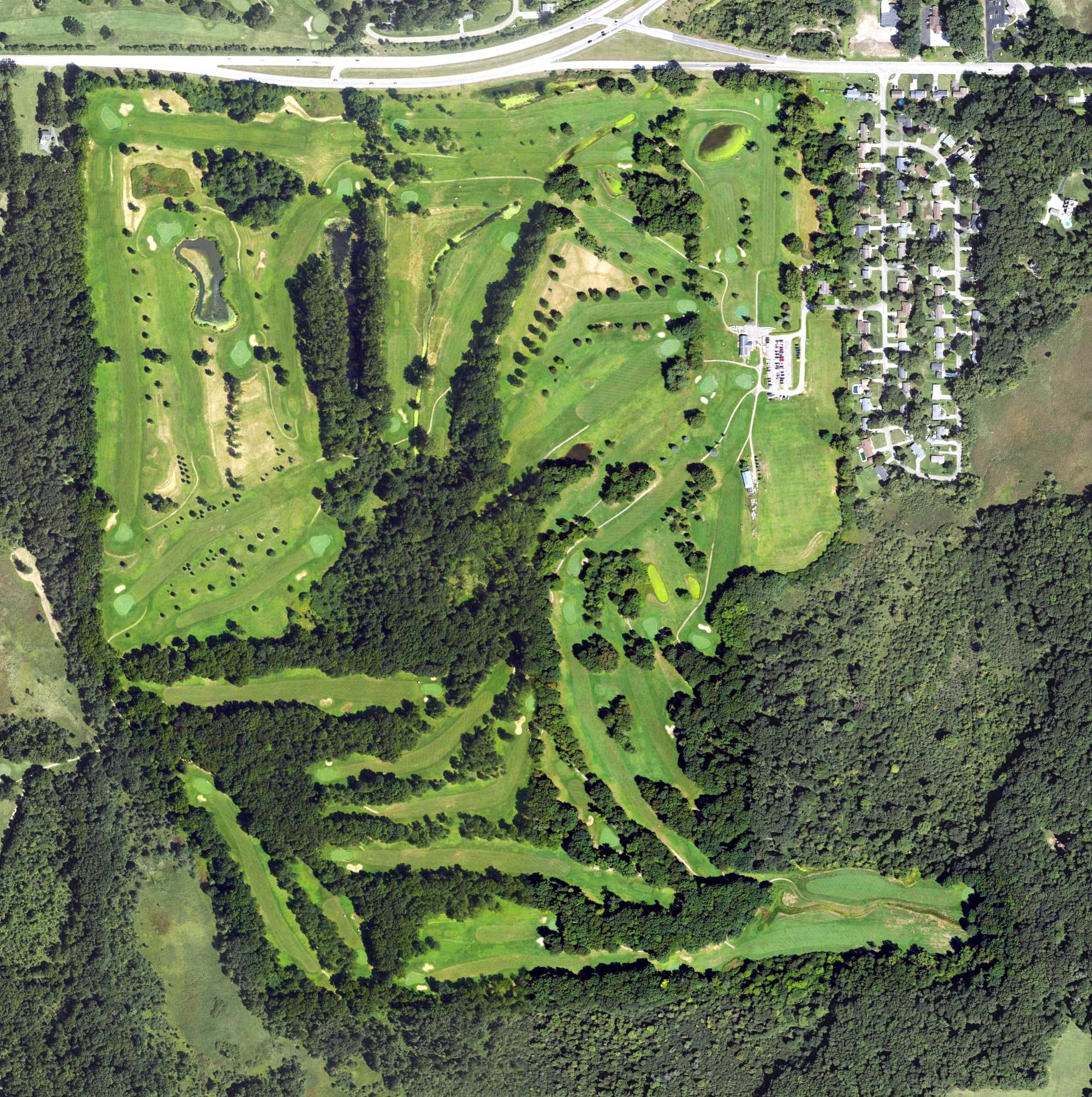 Aerial view of Hickory Hills Golf Club, MI, with its hole routing marked