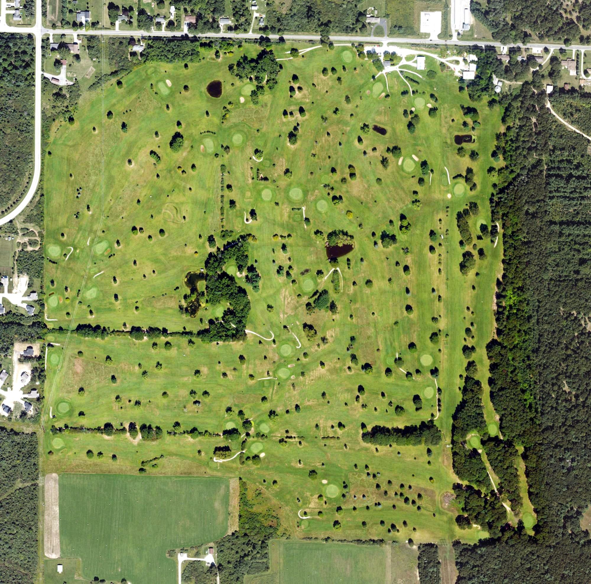 Aerial view of Hickory Knoll Golf Course, MI, with its hole routing marked