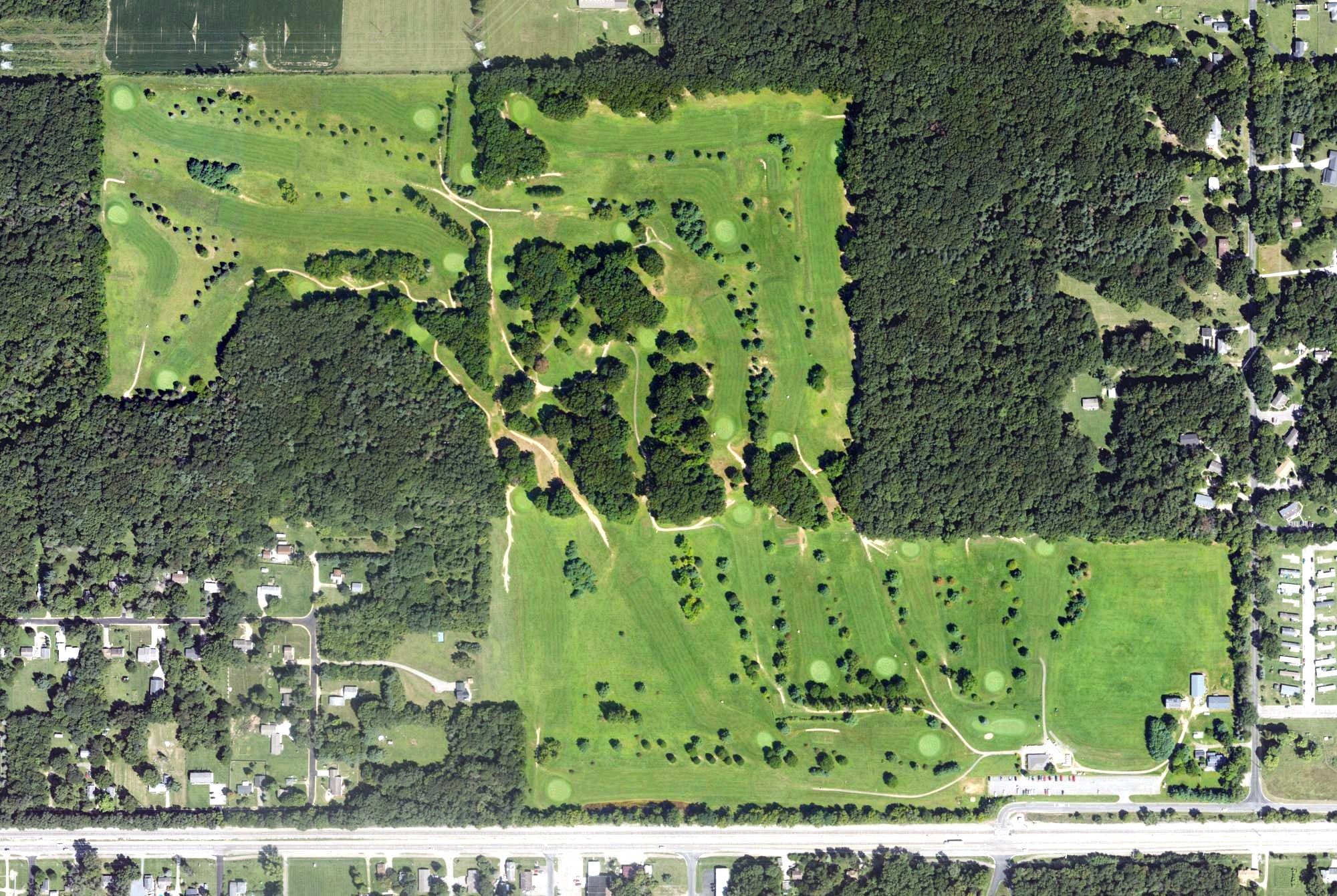 Aerial view of Hickory Ridge Golf Course, MI, with its hole routing marked