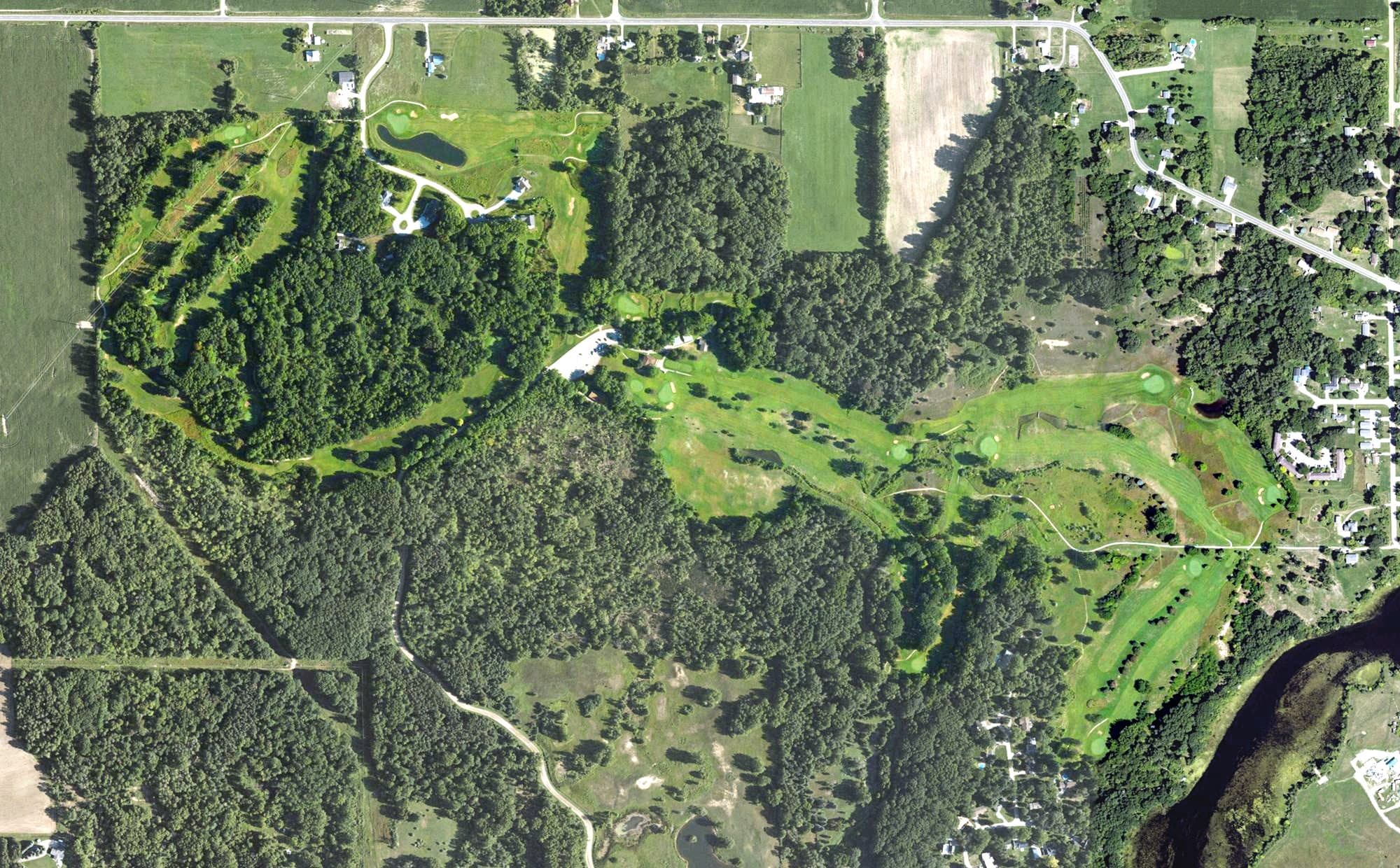 Aerial view of Hidden Oaks Golf Course, MI, with its hole routing marked