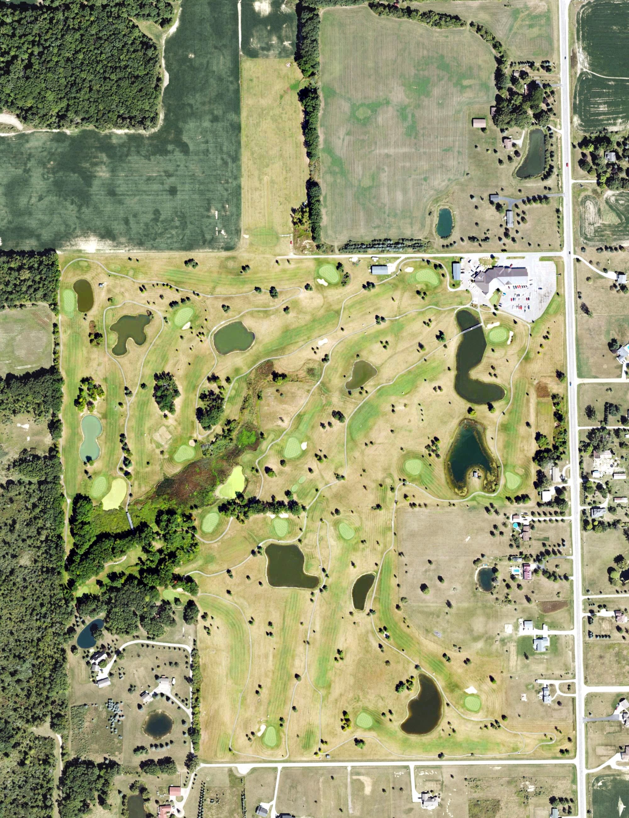 Aerial view of Holly Meadows Golf Course, MI, with its hole routing marked