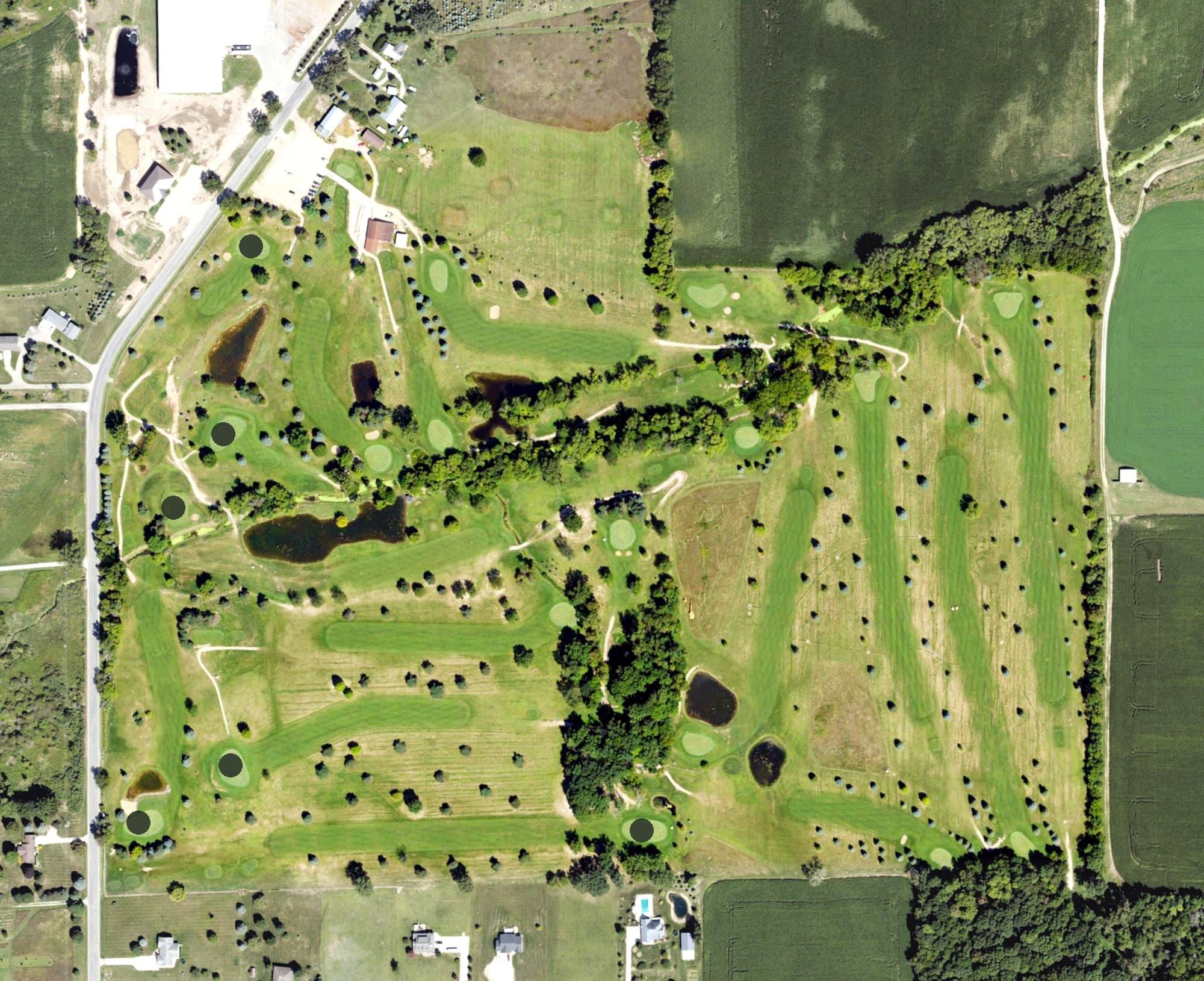 Aerial view of Huckleberry Creek Golf Course, MI, with its hole routing marked