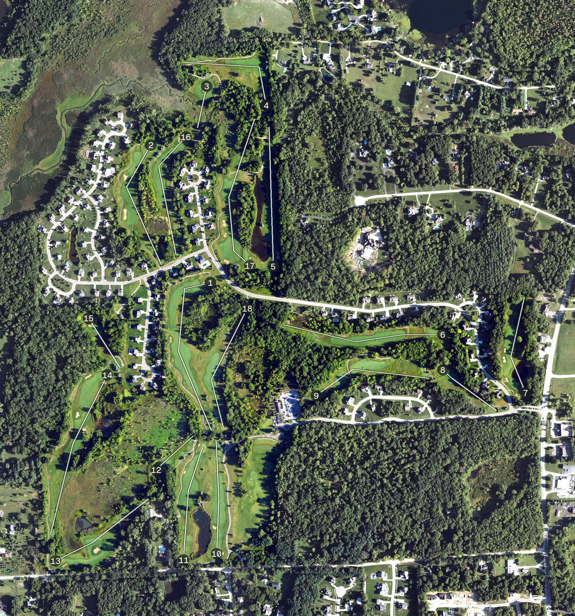 Aerial view of Huntmore Golf Club, MI, with its hole routing marked