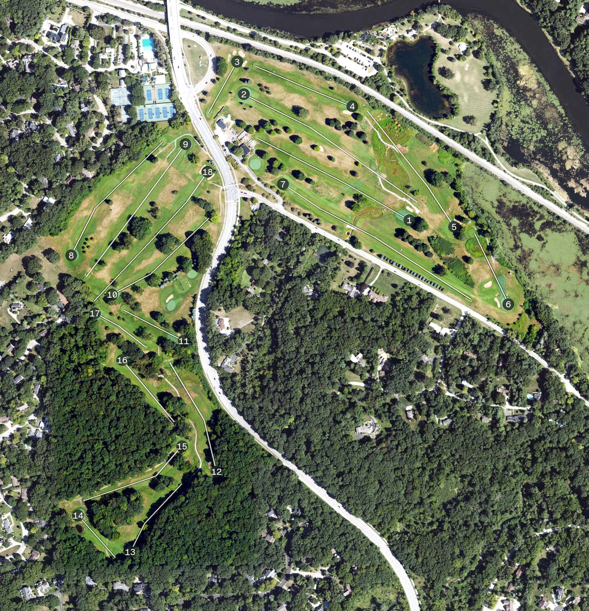 Aerial view of Huron Hills Golf Course, MI, with its hole routing marked