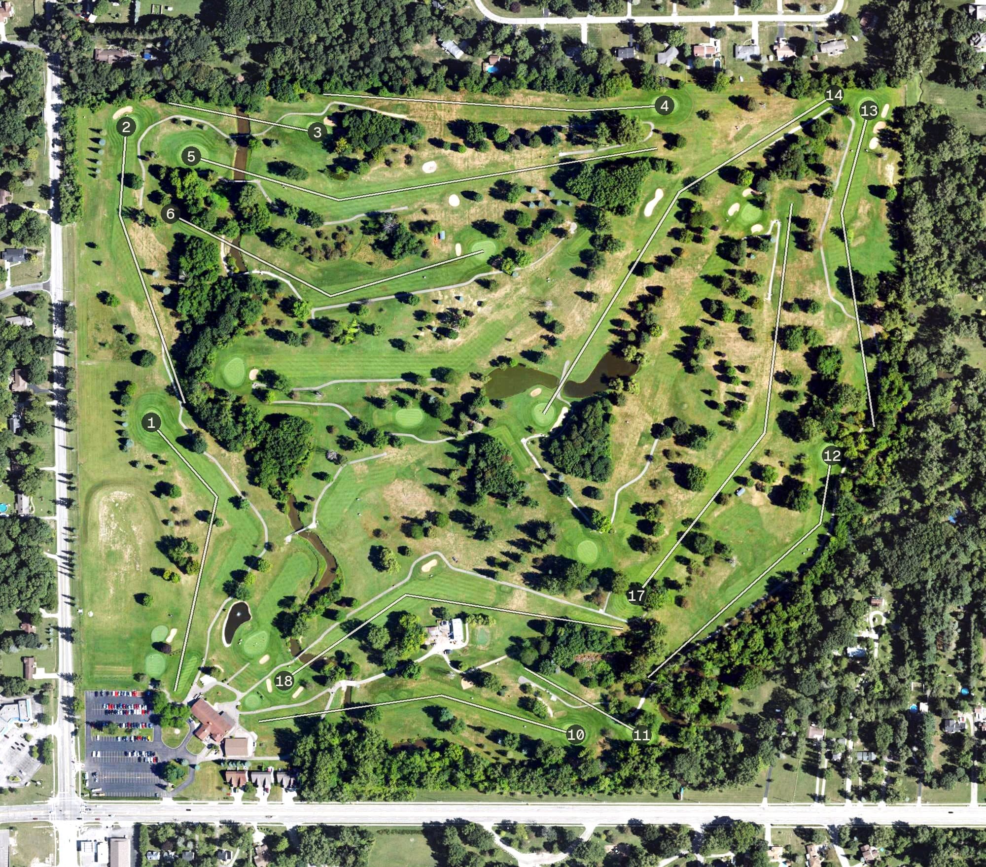 Aerial view of IMA Brookwood Golf Club, MI, with its hole routing marked