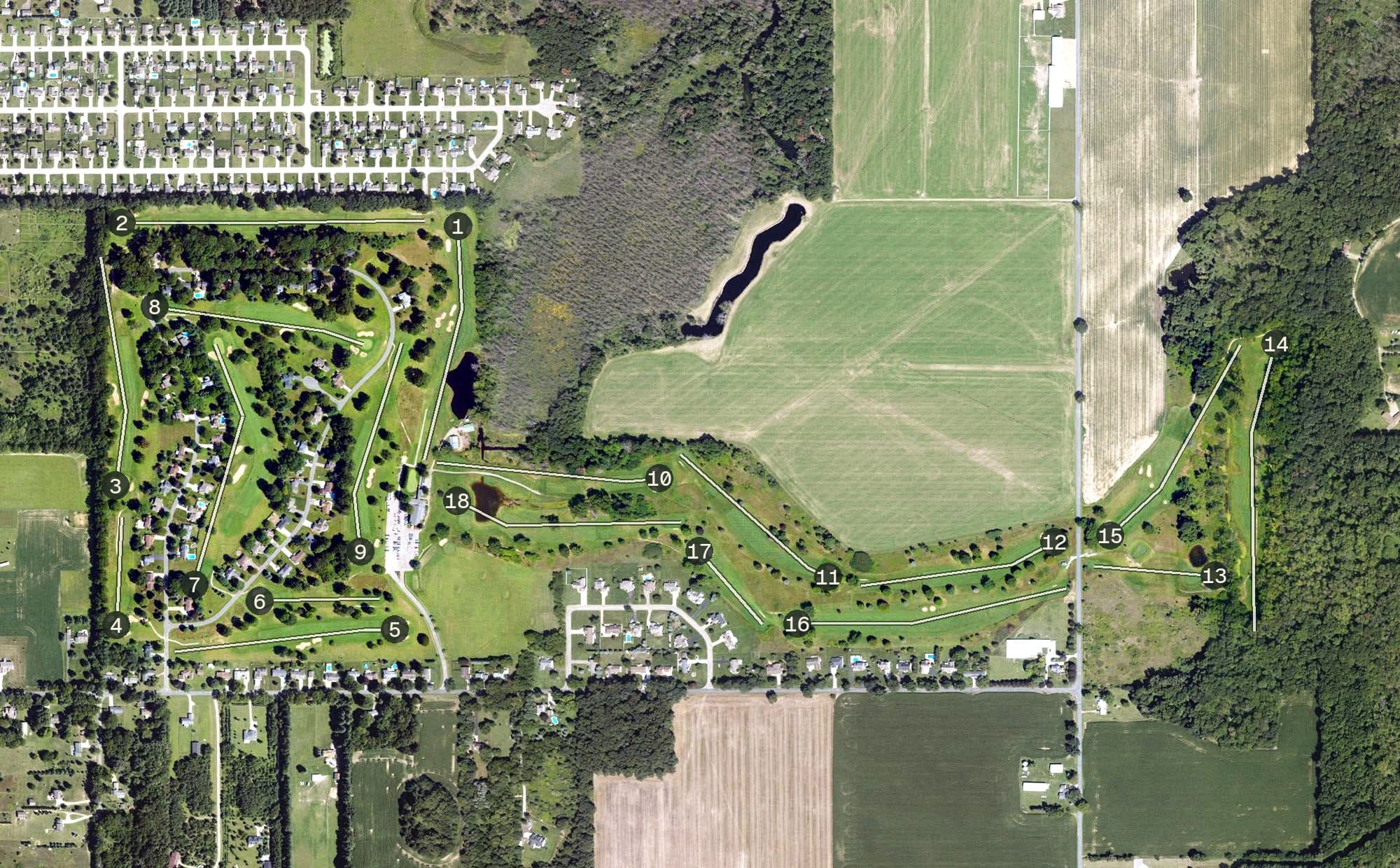 Aerial view of Indian Run Golf Club, MI, with its hole routing marked