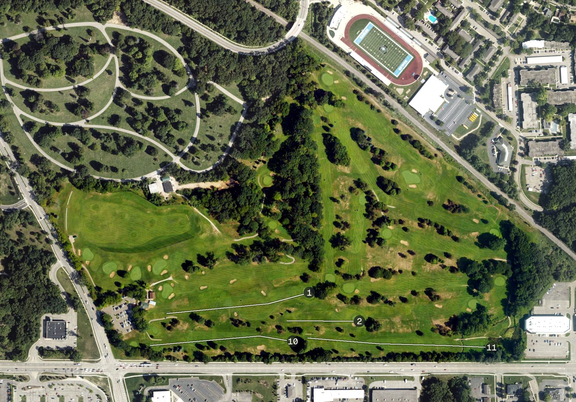 Aerial view of Indian Trails Golf Course, MI, with its hole routing marked