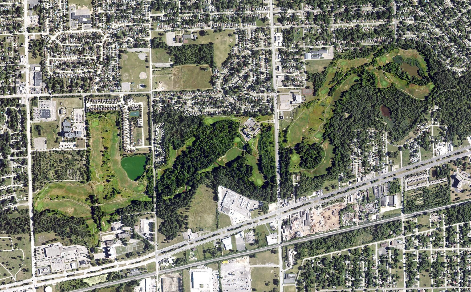 Aerial view of Inkster Valley Golf Course, MI, with its hole routing marked