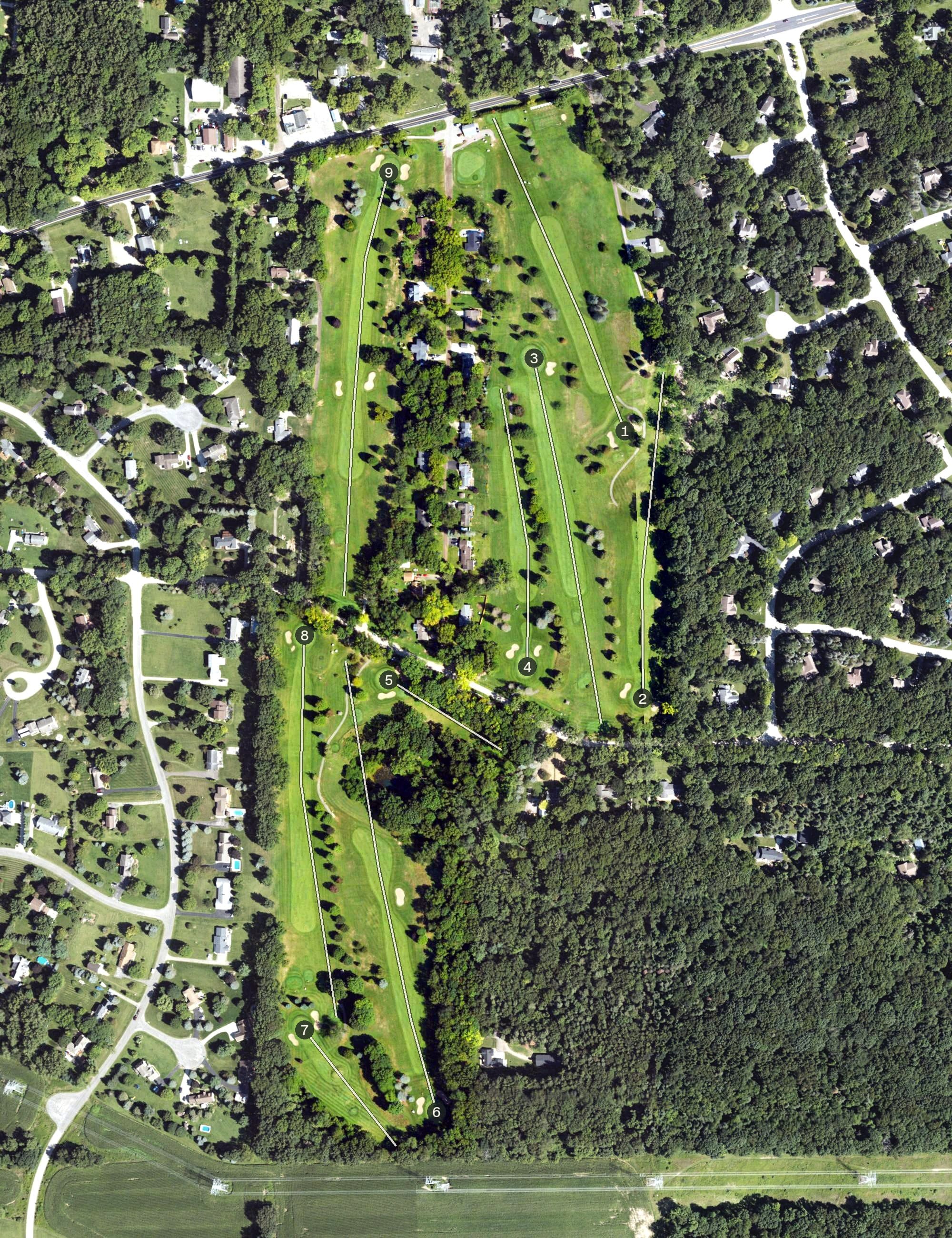 Aerial view of Inverness Country Club, MI, with its hole routing marked