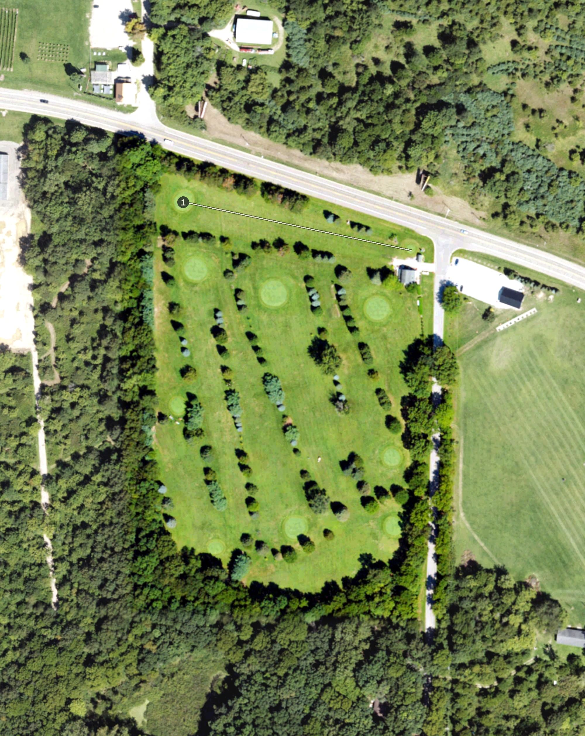 Aerial view of Irish Hills Shore Golf Course, MI, with its hole routing marked