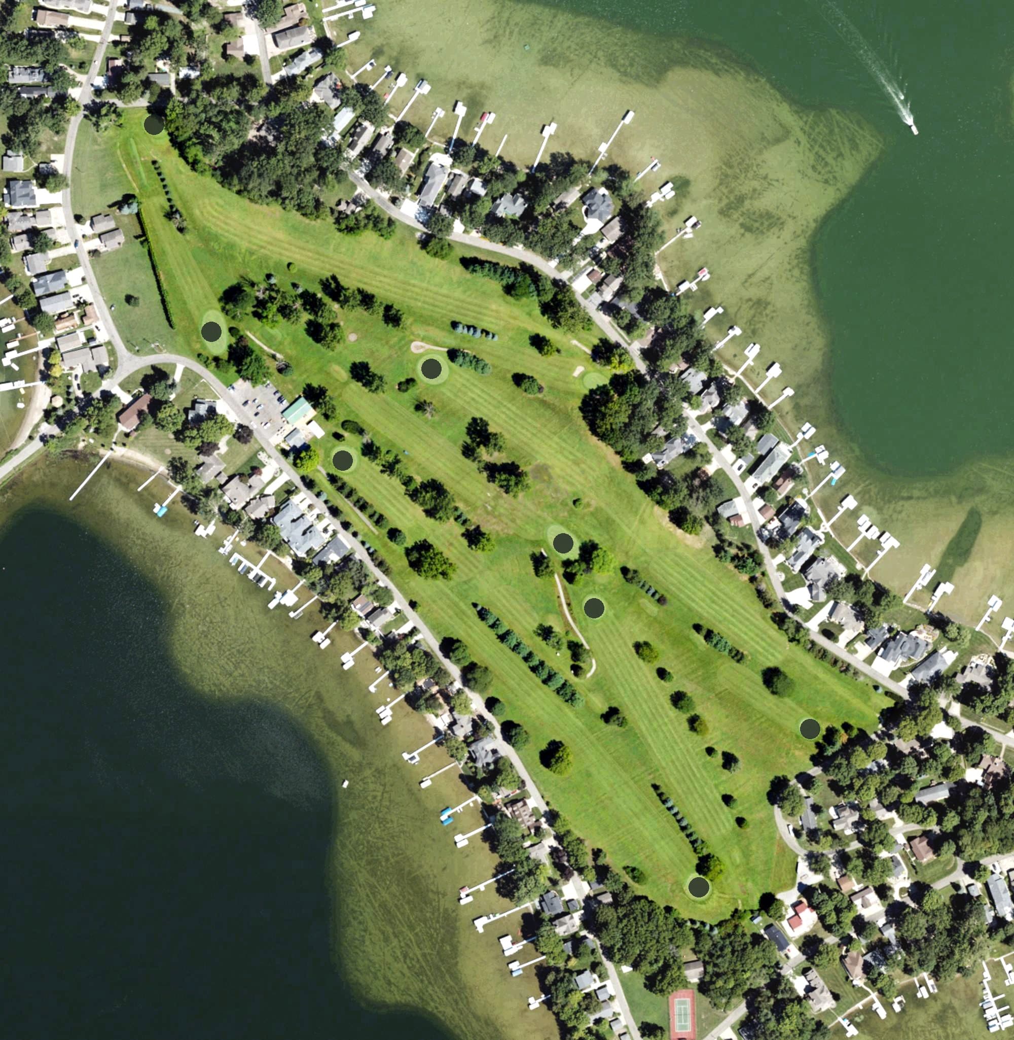 Aerial view of Iyopawa Island Golf Course, MI, with its hole routing marked