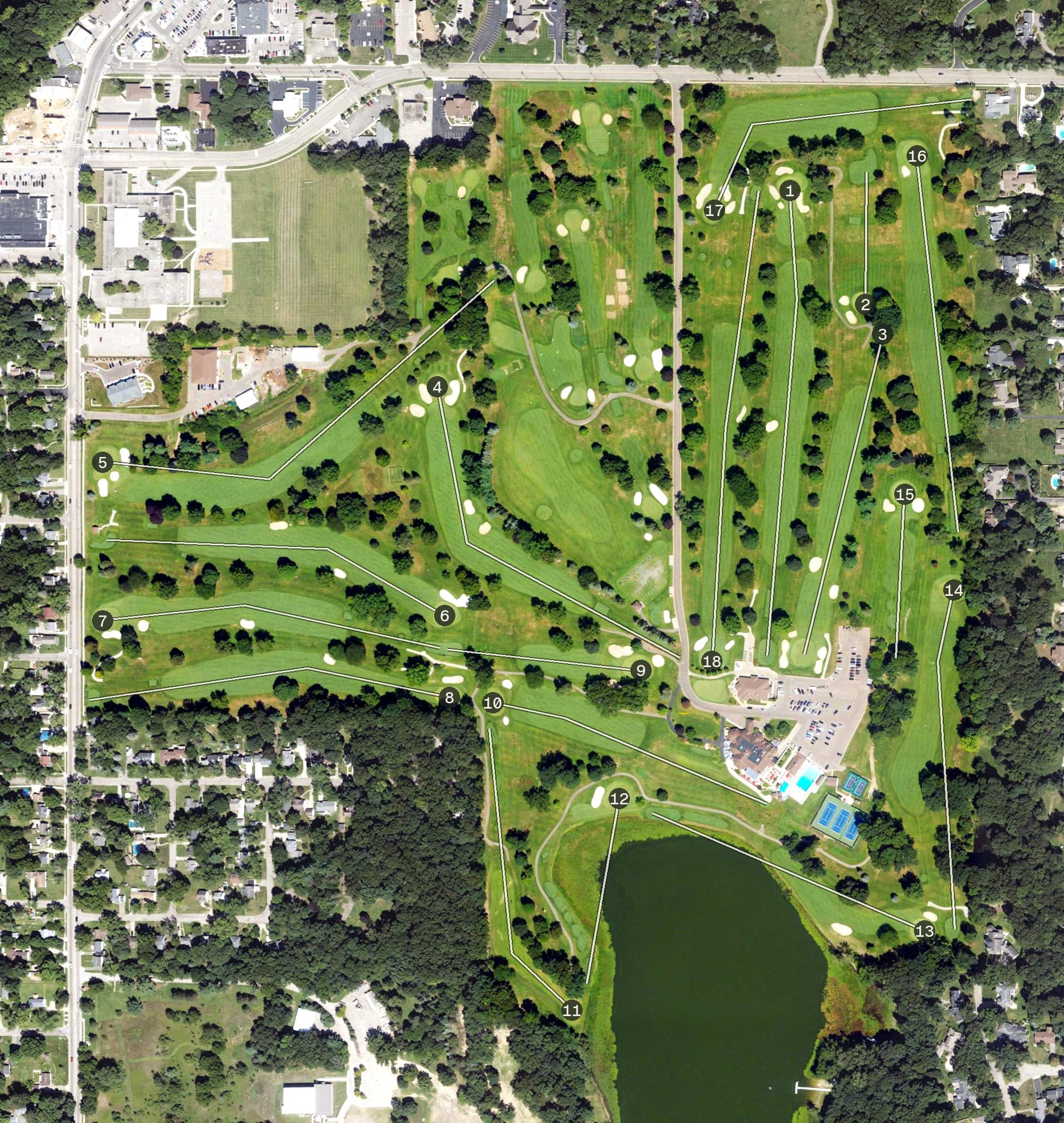 Aerial view of Kalamazoo Country Club, MI, with its hole routing marked