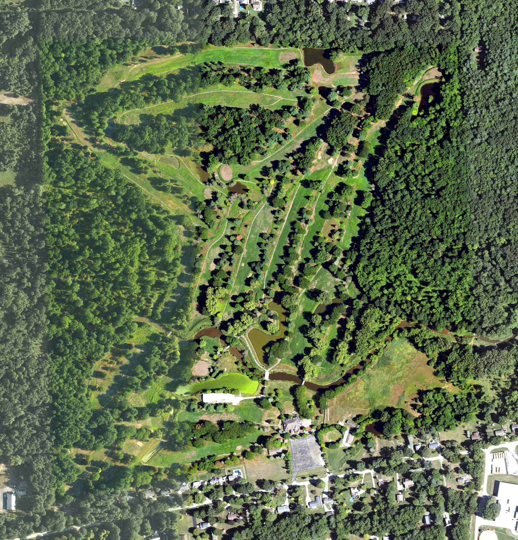 Aerial view of Kimberly Oaks Golf Club, MI, with its hole routing marked