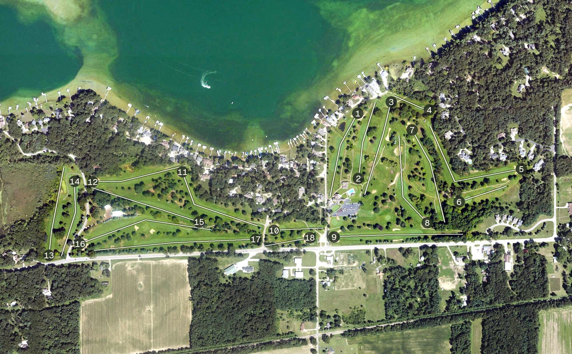 Aerial view of Klinger Lake Country Club, MI, with its hole routing marked