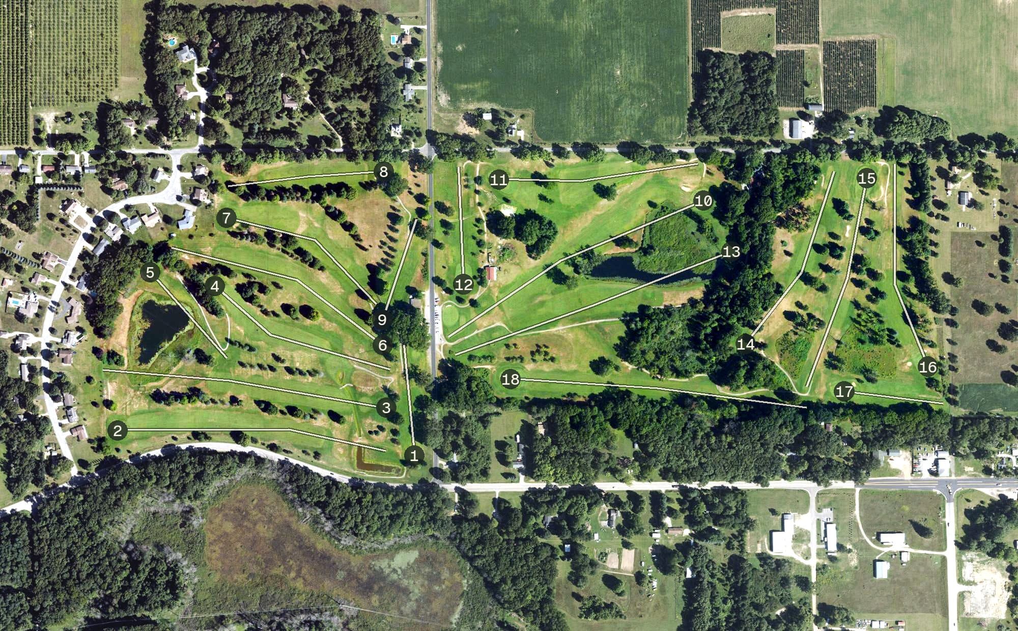 Aerial view of Lake Cora Hills, MI, with its hole routing marked