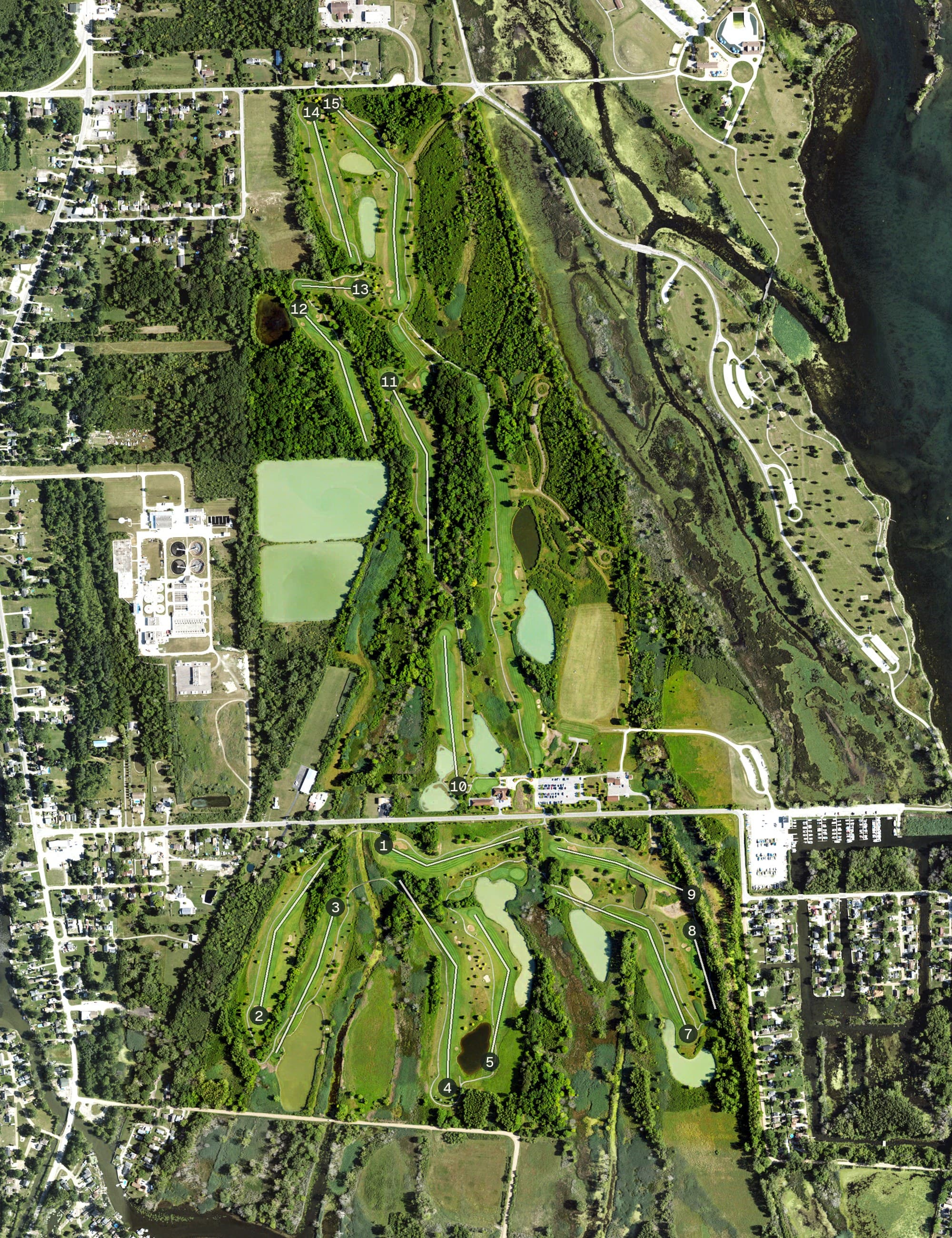 Aerial view of Lake Erie Metropark Golf Course, MI, with its hole routing marked