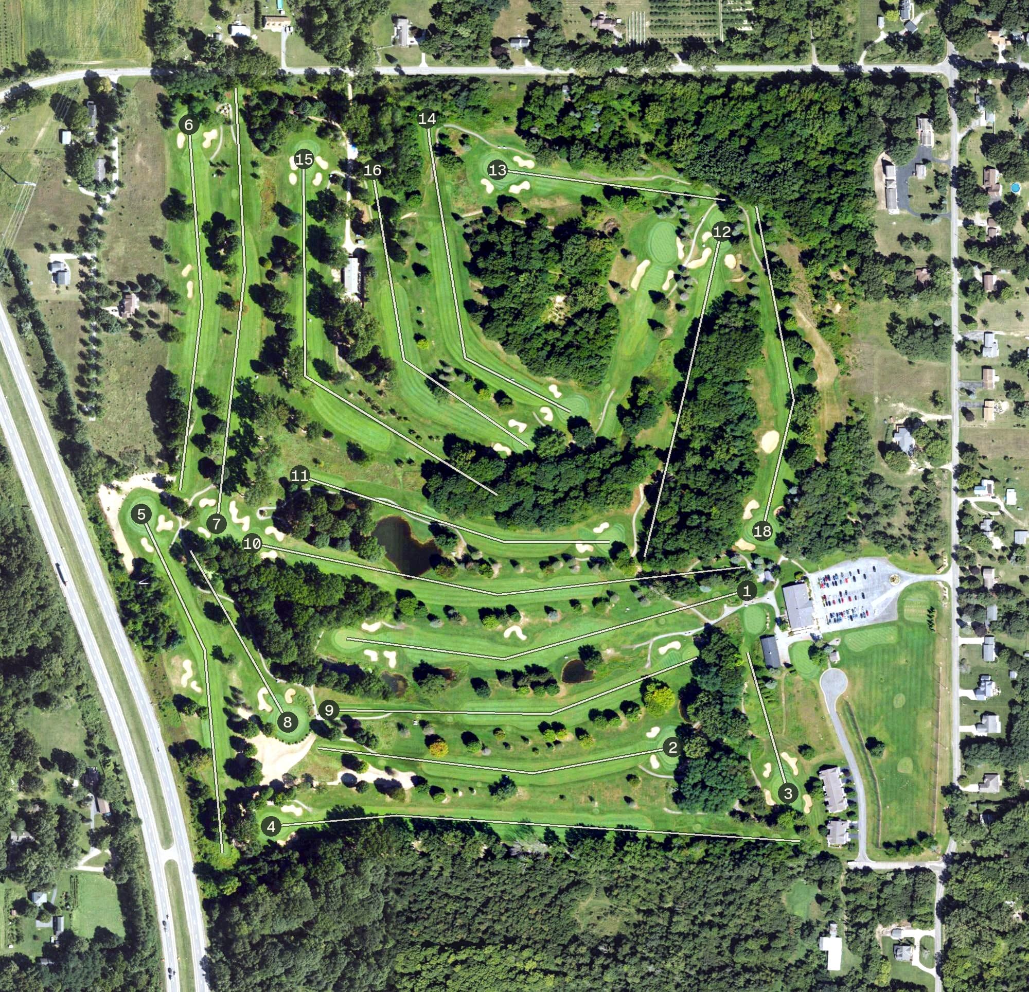 Aerial view of Lake Michigan Hills Golf Club, MI, with its hole routing marked