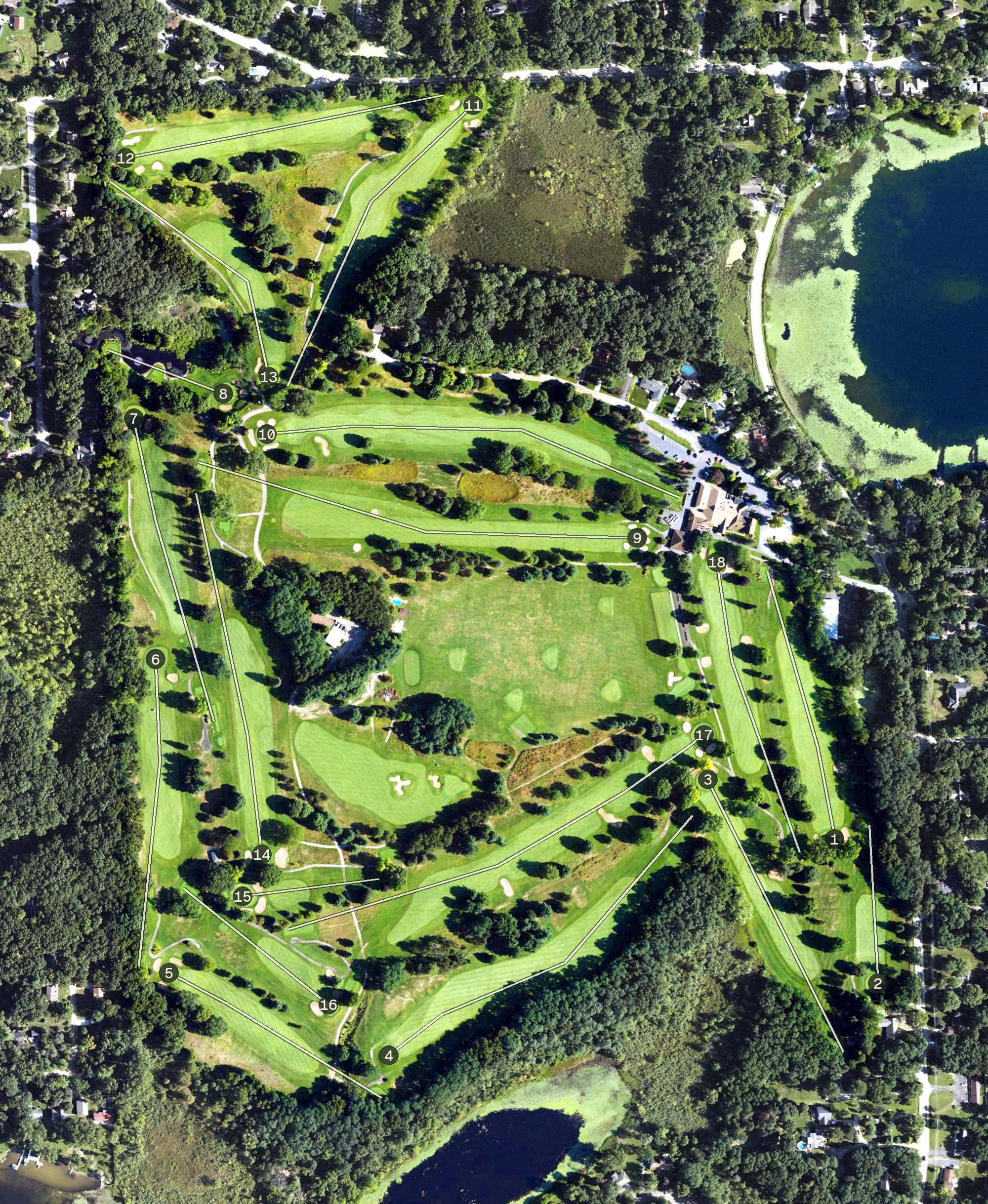 Aerial view of Lakelands Golf and Country Club, MI, with its hole routing marked