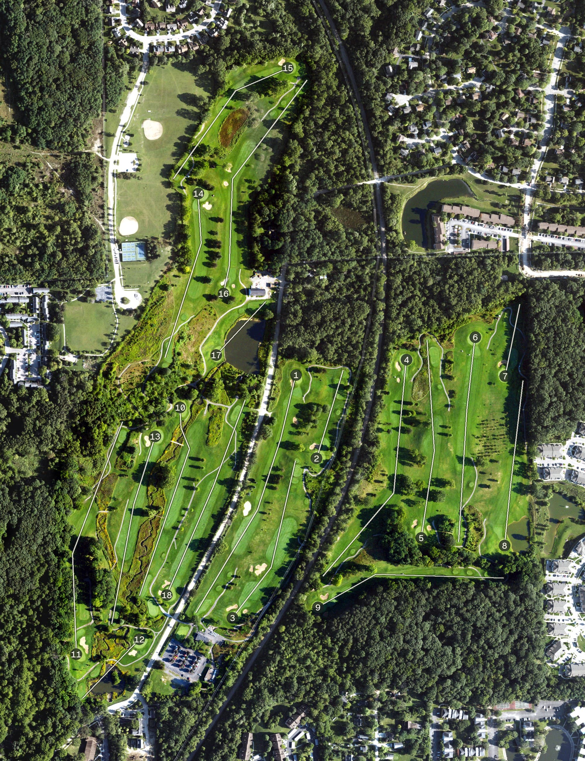 Aerial view of Leslie Park Golf Course, MI, with its hole routing marked