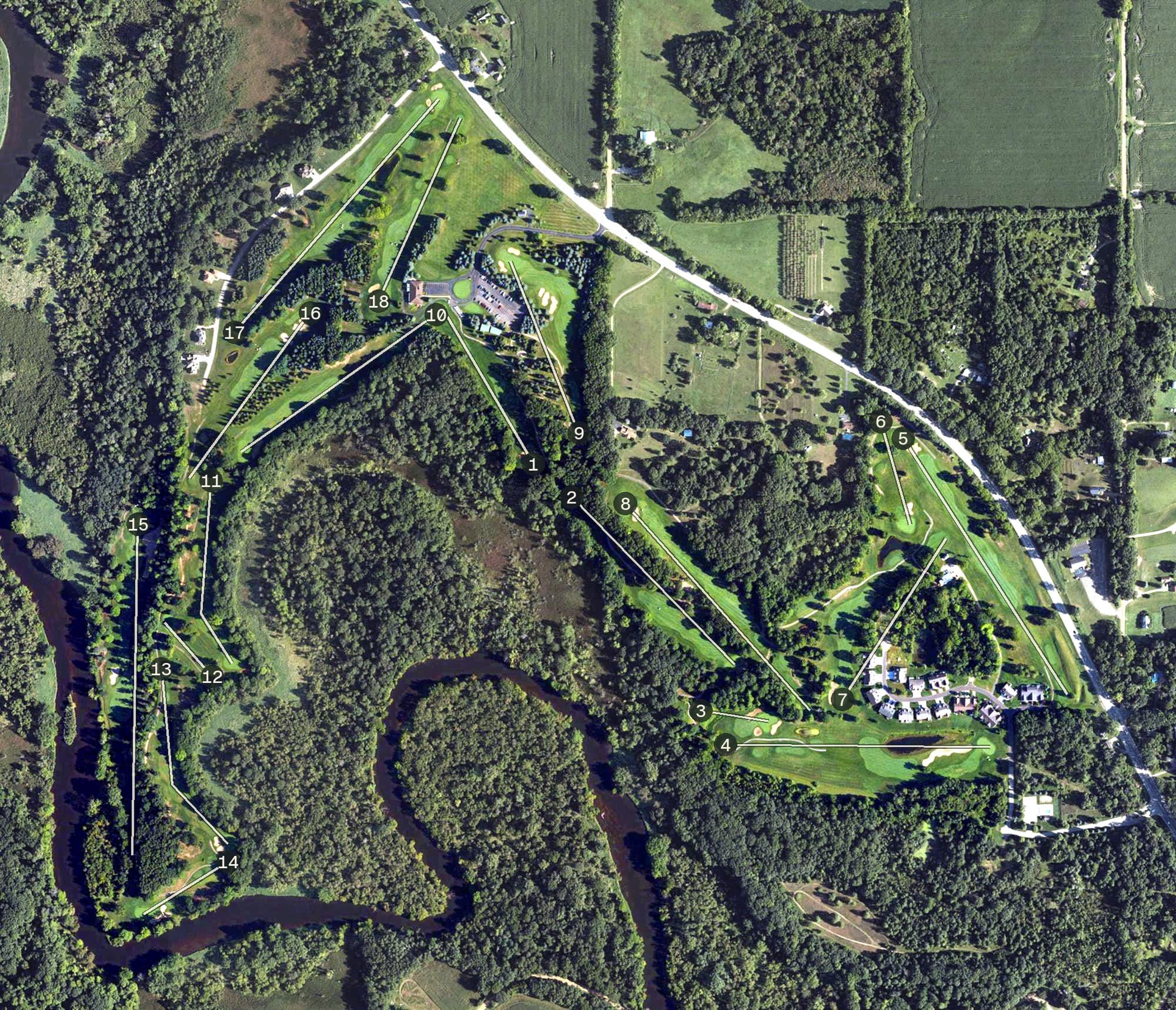 Aerial view of LYNX Golf Course & Grill, MI, with its hole routing marked